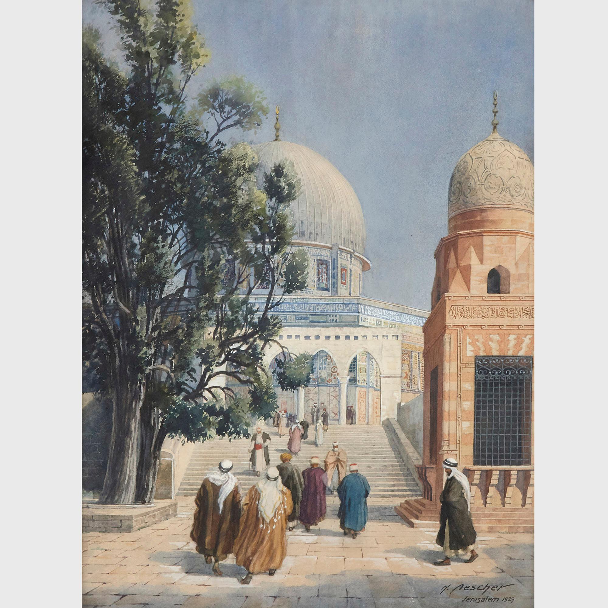 This impressive watercolour depicts the Dome of the Rock in Jerusalem. The Dome is visible behind a pointed-arch screen, at the top of a staircase upon which figures traverse to and from the mosque. These figures were Middle Eastern dress,