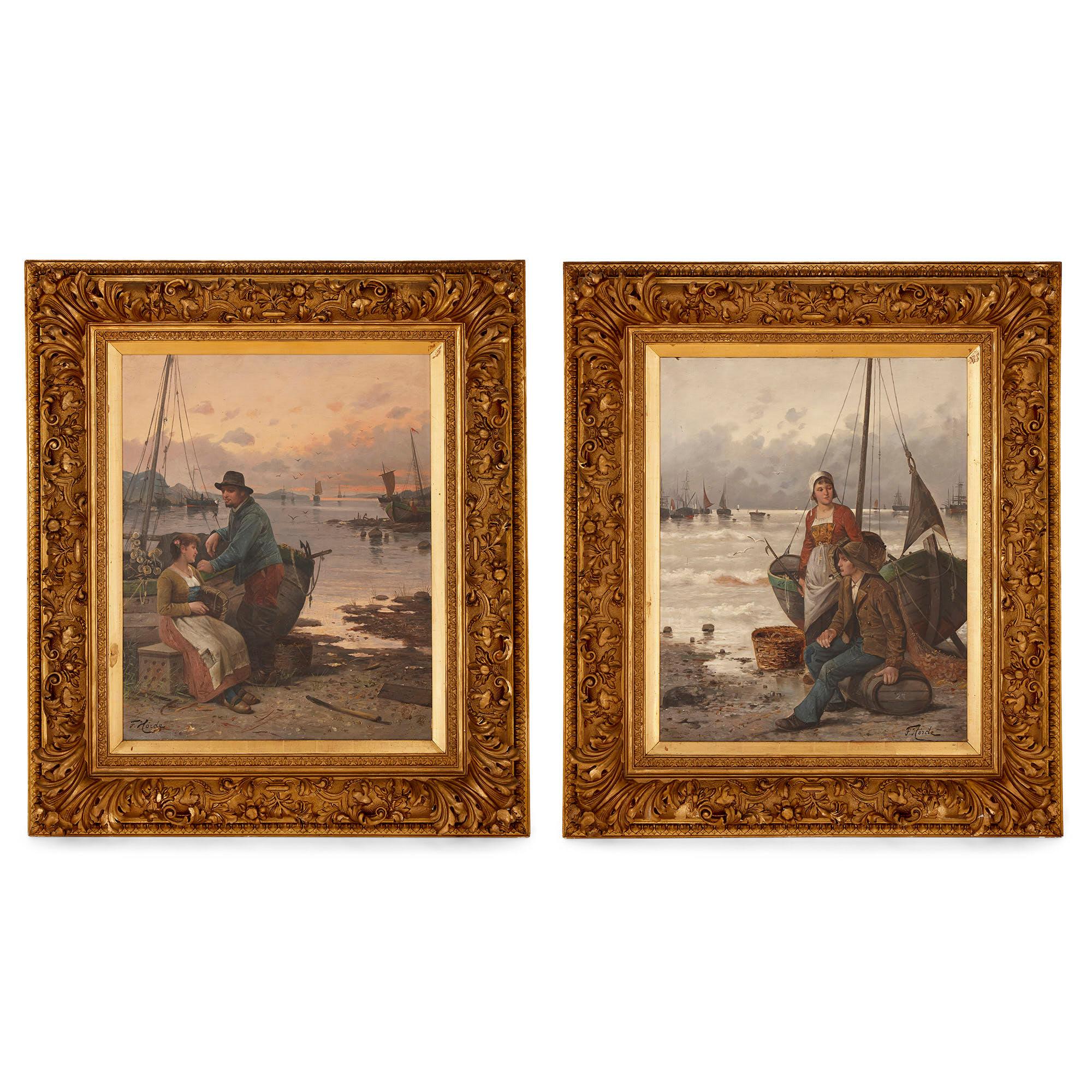 This fine pair of oil paintings depicts two views of a beachside harbour, each view centred about the genre scene of a fisherman with his wife. In the first painting, a fisherman sits on a barrel smoking while his wife stands behind him. The sea