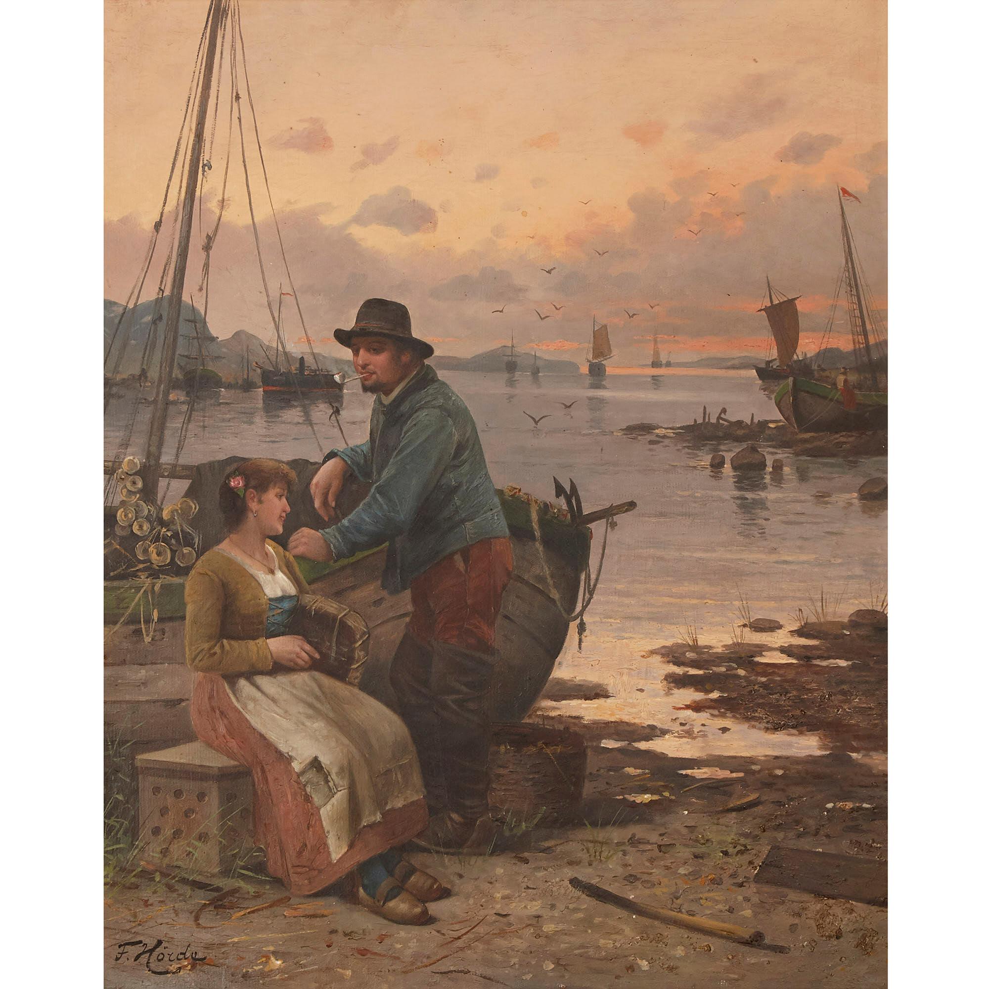 Set aus zwei Ölgemälden von Fischern von F. Hrde – Painting von F. Hörde