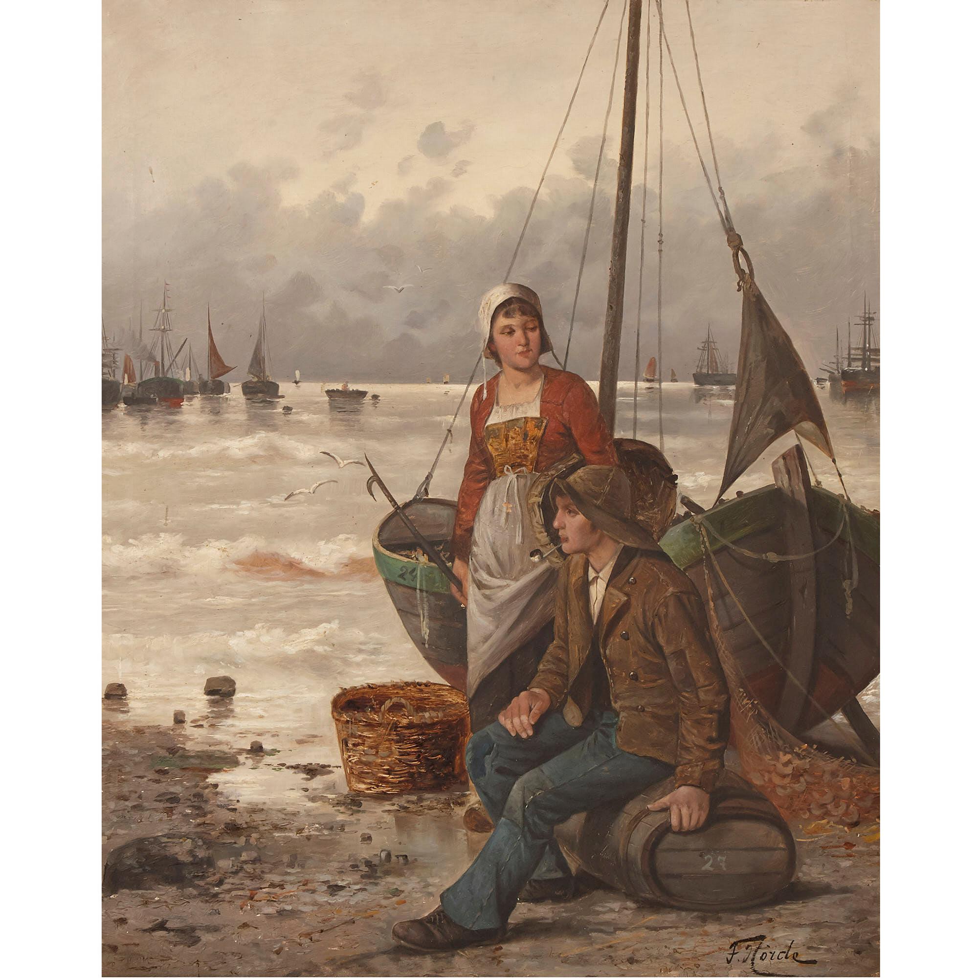 Set aus zwei Ölgemälden von Fischern von F. Hrde (Braun), Landscape Painting, von F. Hörde