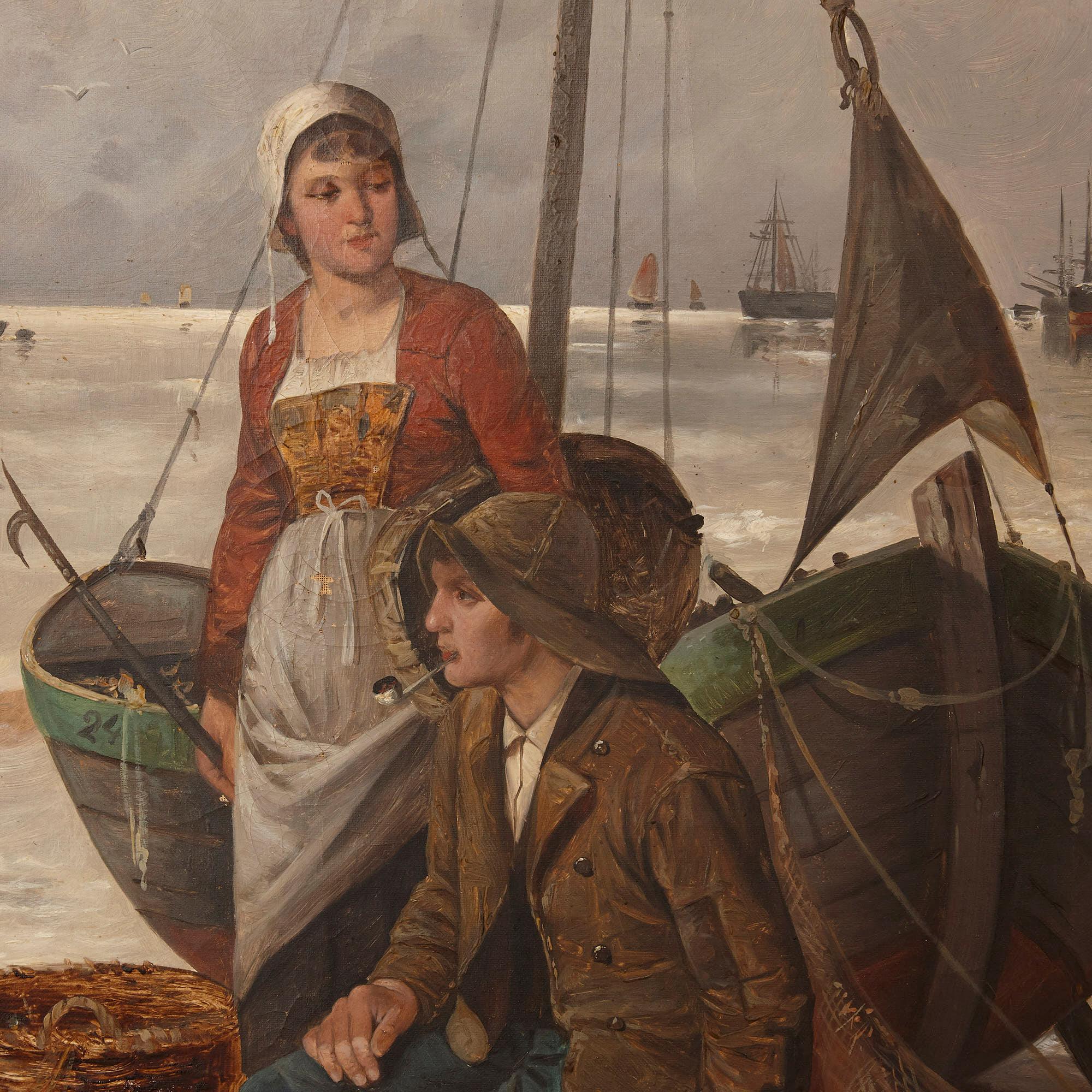 Dieses schöne Paar Ölgemälde zeigt zwei Ansichten eines Hafens am Meer, die sich jeweils um die Genreszene eines Fischers mit seiner Frau drehen. Auf dem ersten Gemälde sitzt ein Fischer auf einem Fass und raucht, während seine Frau hinter ihm