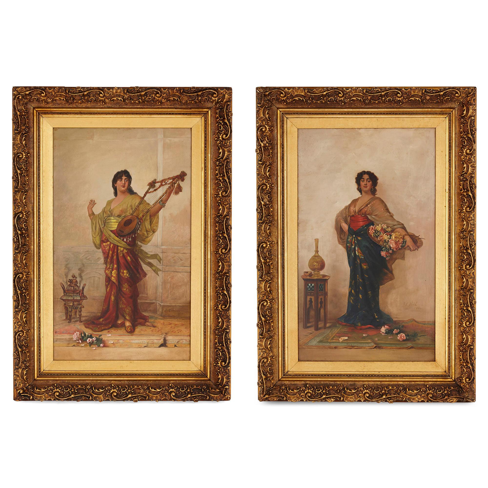 J. E. Hill Figurative Painting - Pair of figurative Orientalist oil paintings by Hill