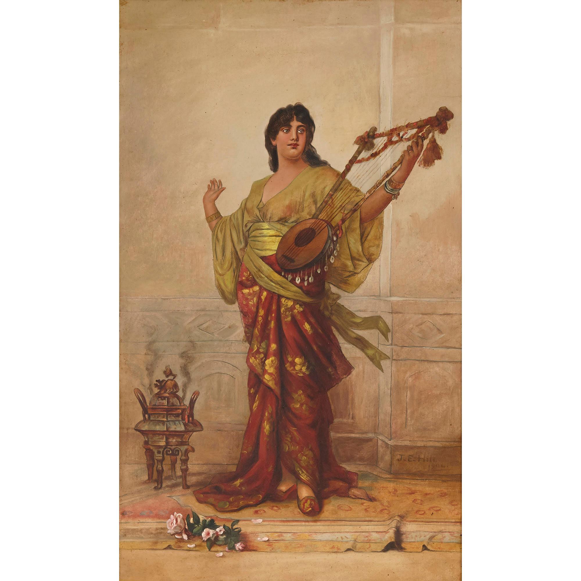 Pair of figurative Orientalist oil paintings by Hill - Painting by J. E. Hill