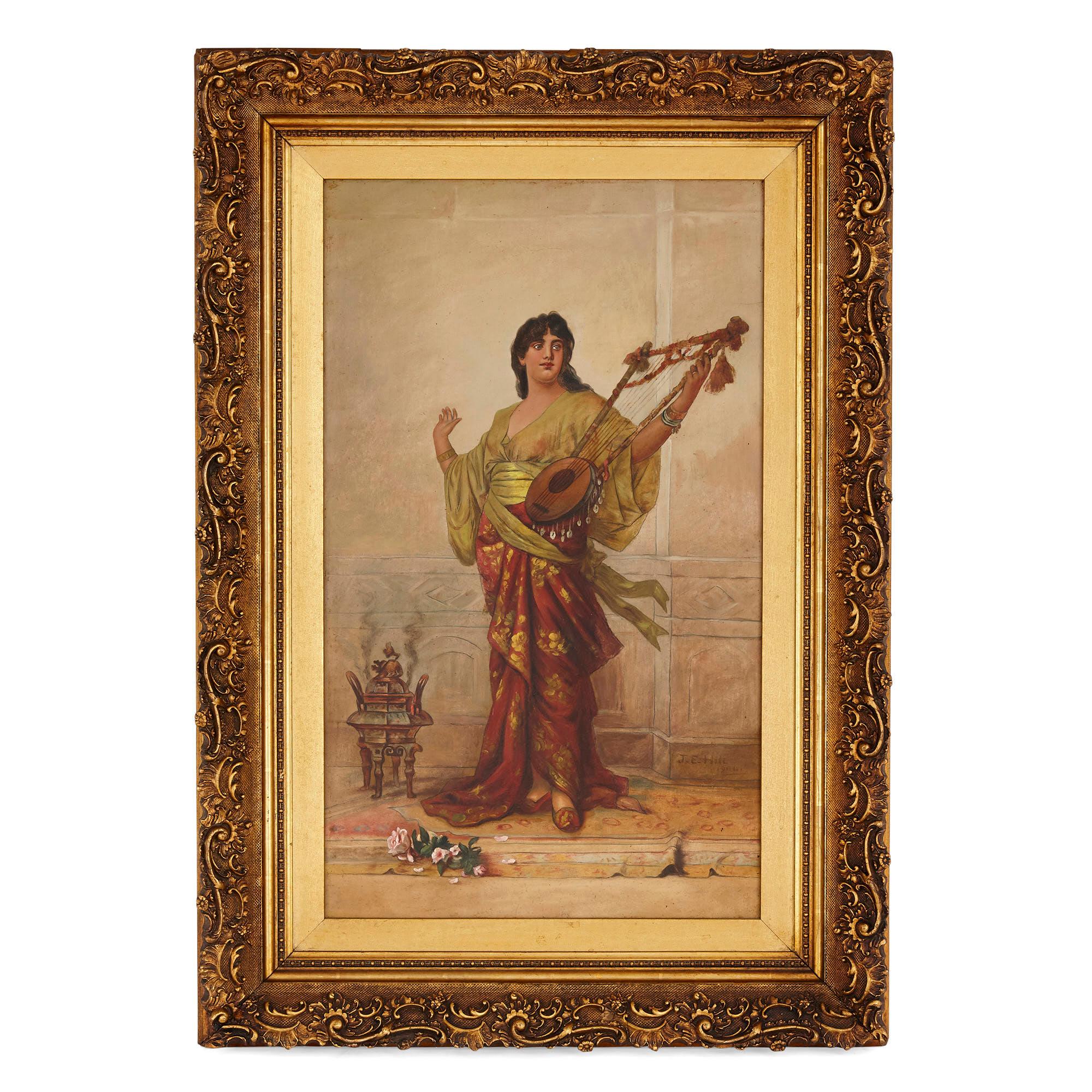 Pair of figurative Orientalist oil paintings by Hill - Aesthetic Movement Painting by J. E. Hill