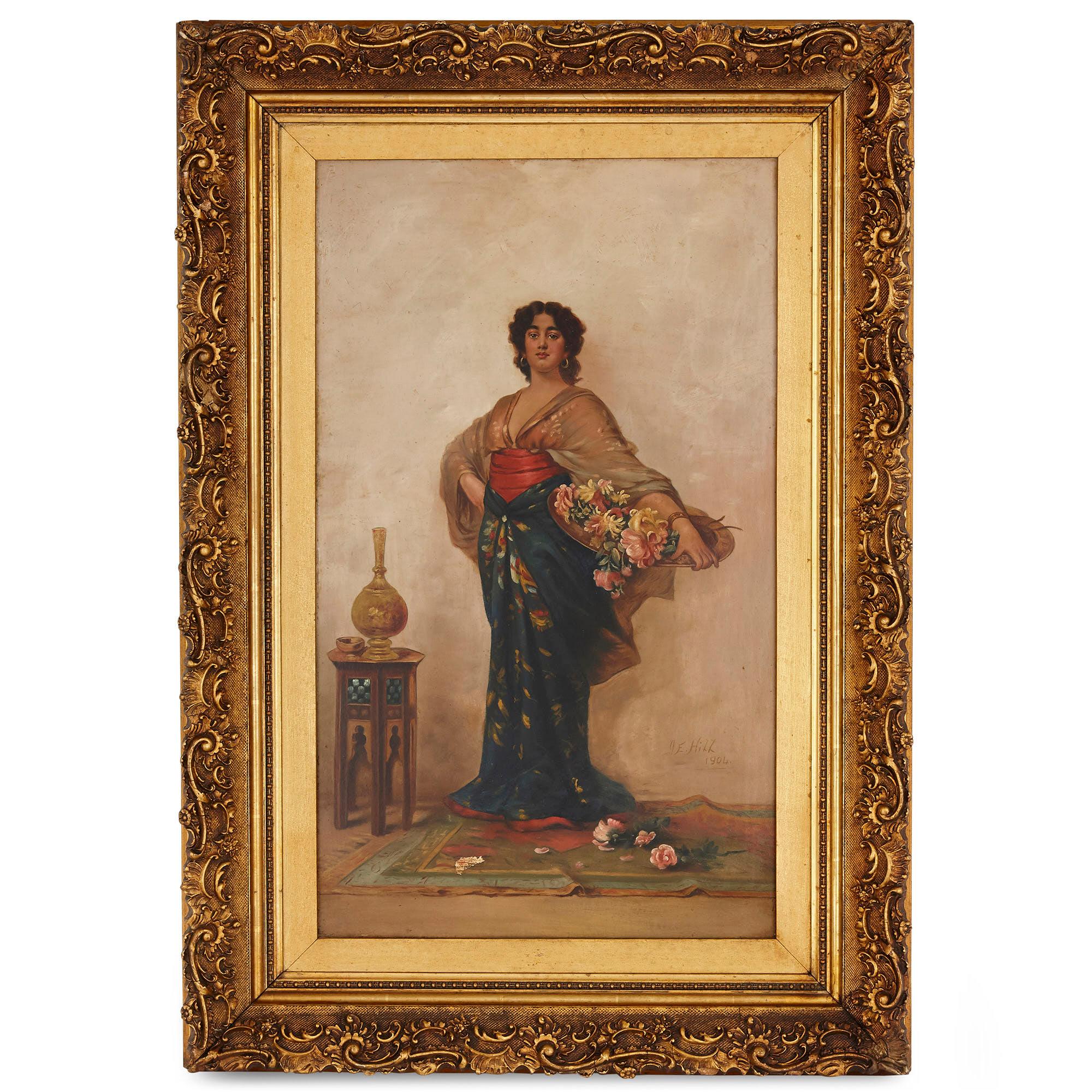 Pair of figurative Orientalist oil paintings by Hill - Brown Figurative Painting by J. E. Hill