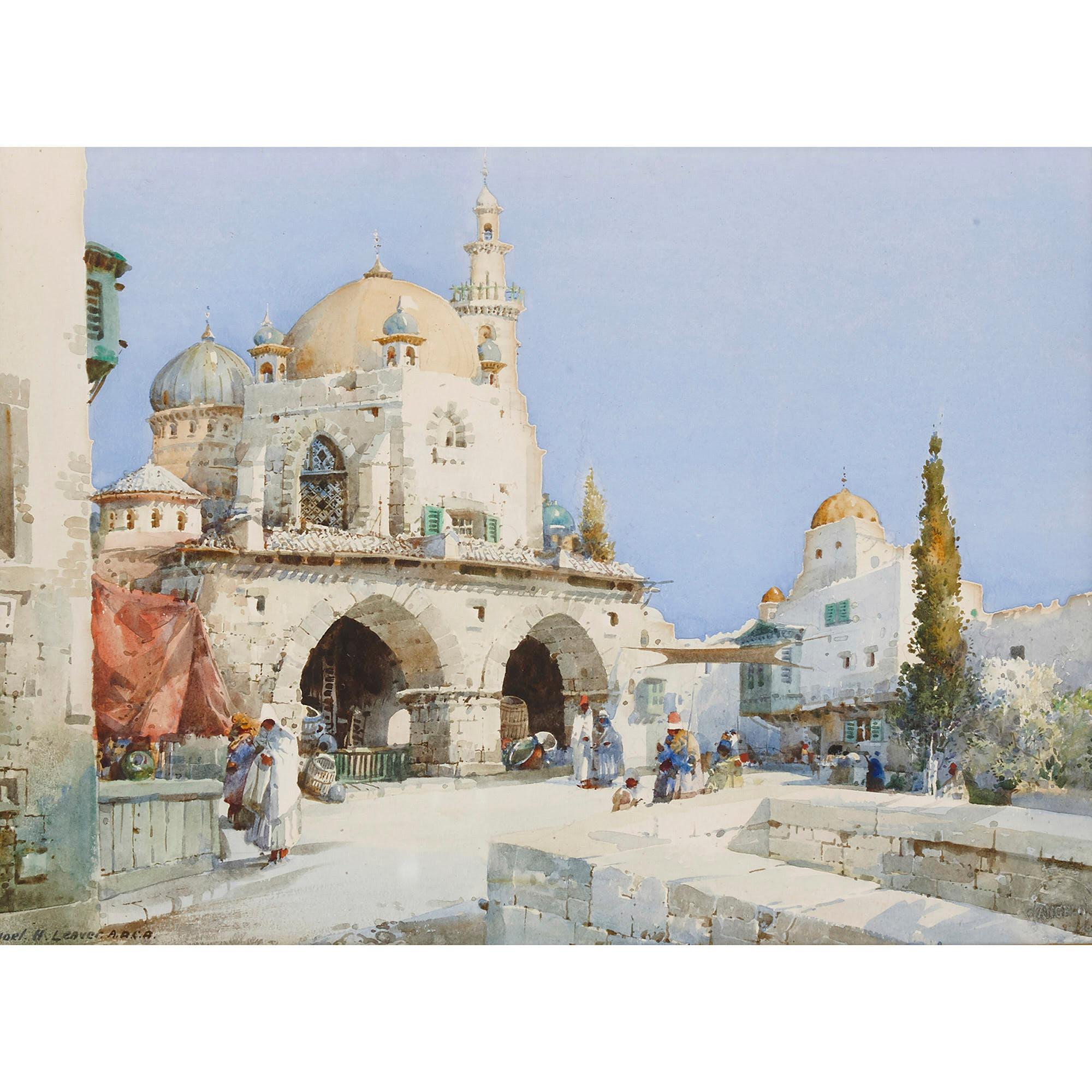 Orientalist view of a mosque by Leaver - Painting by Noel Harry Leaver