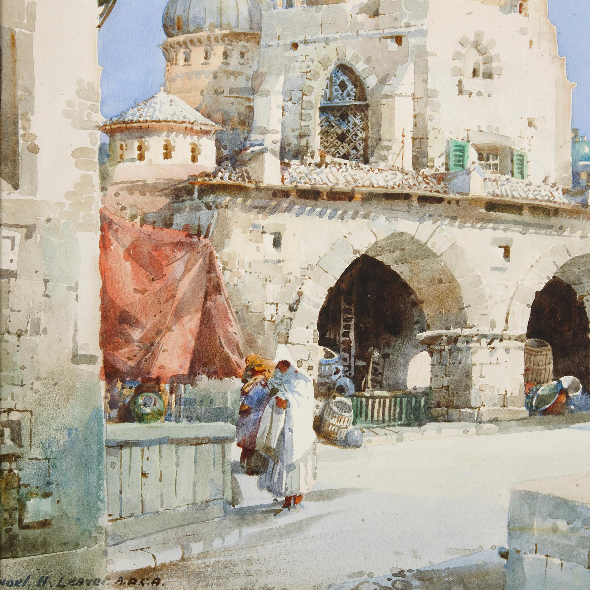 Vue orientaliste d'une mosquée par Leaver - Marron Landscape Painting par Noel Harry Leaver