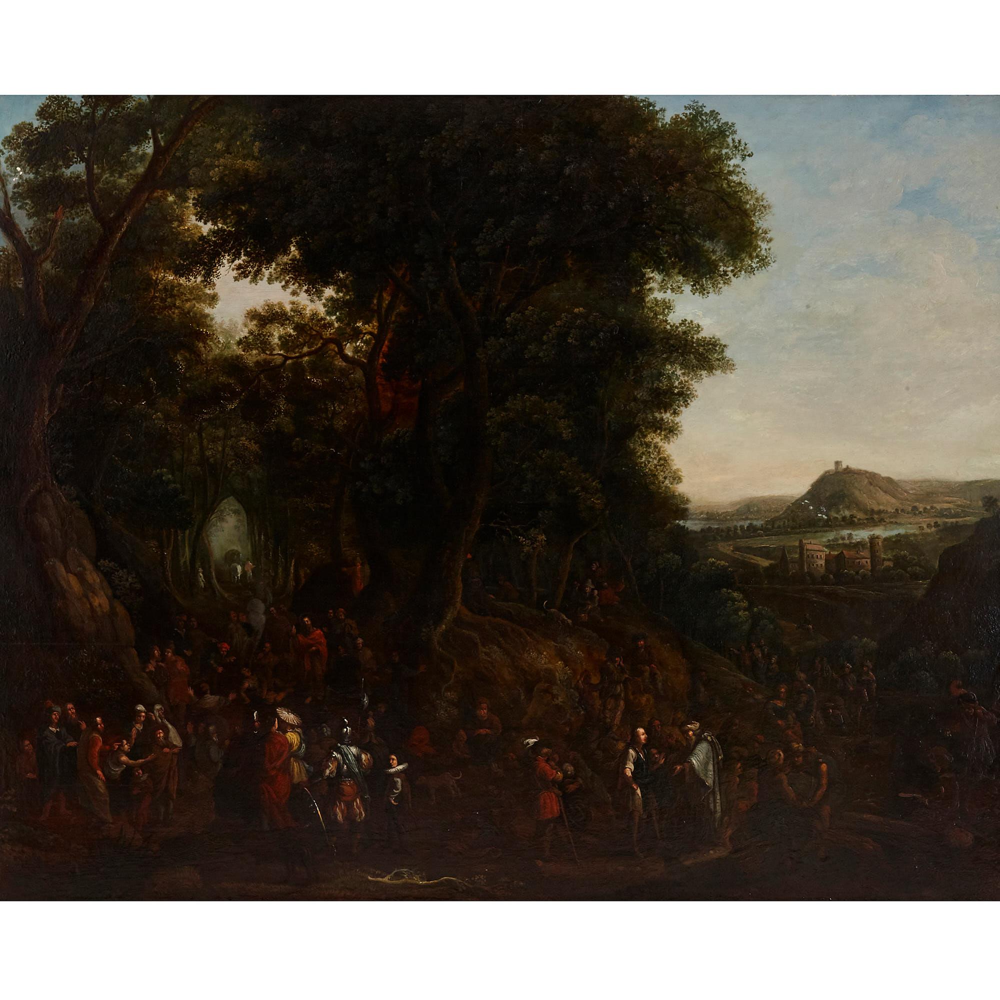 Two oil on panel Old Master landscape paintings by Johannes Jakob Hartmann (Bohemian, 1680-1730)
Bohemia, early 18th Century

Panel: Height 73cm, width 93cm
Frame: Height 90cm, width 107cm, depth 4cm 

These paintings are created by the renowned
