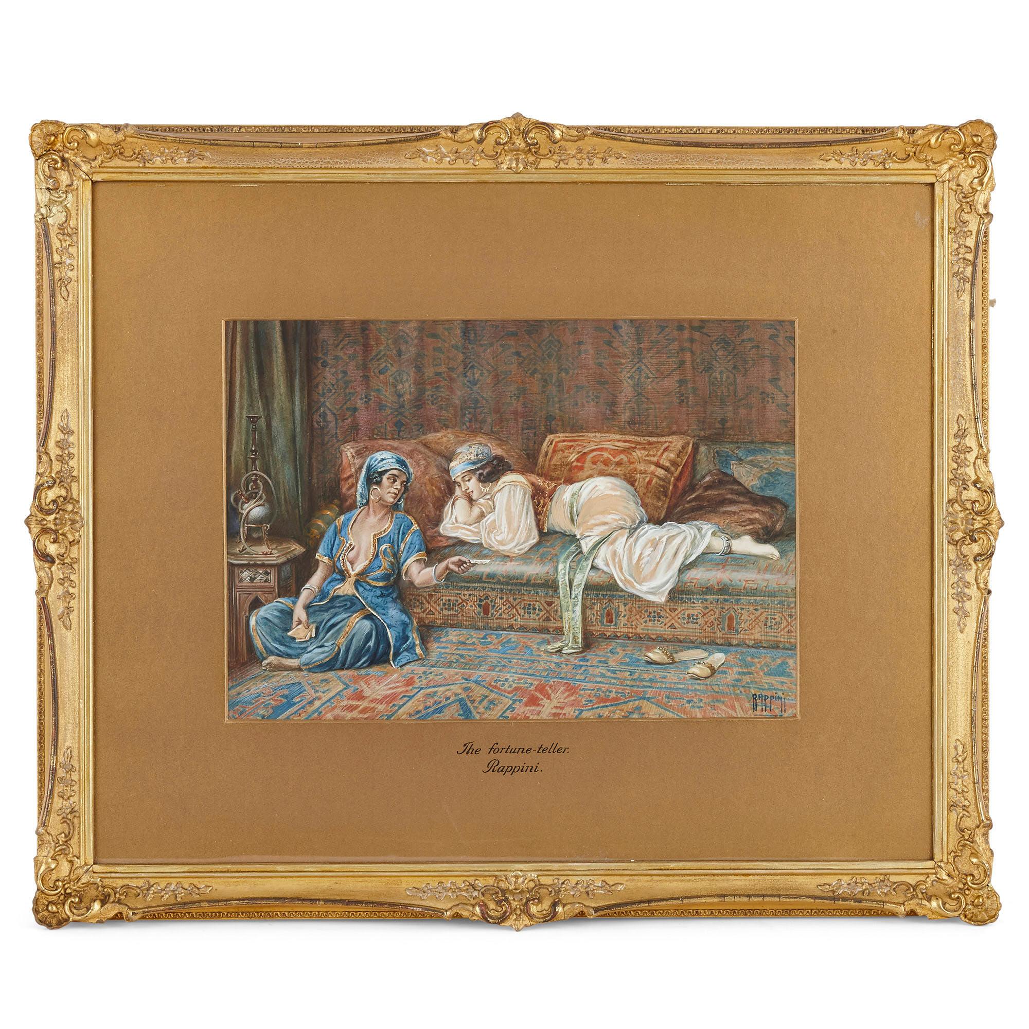 Pair of watercolours of harems by Vittorio Rappini
Italian, early 20th Century
Frame: 48cm, width 58cm, depth 3.5cm
Sheet: 24cm, width 34cm

This set of two watercolour paintings depicts scenes of women in the harem. The works, by the Italian artist