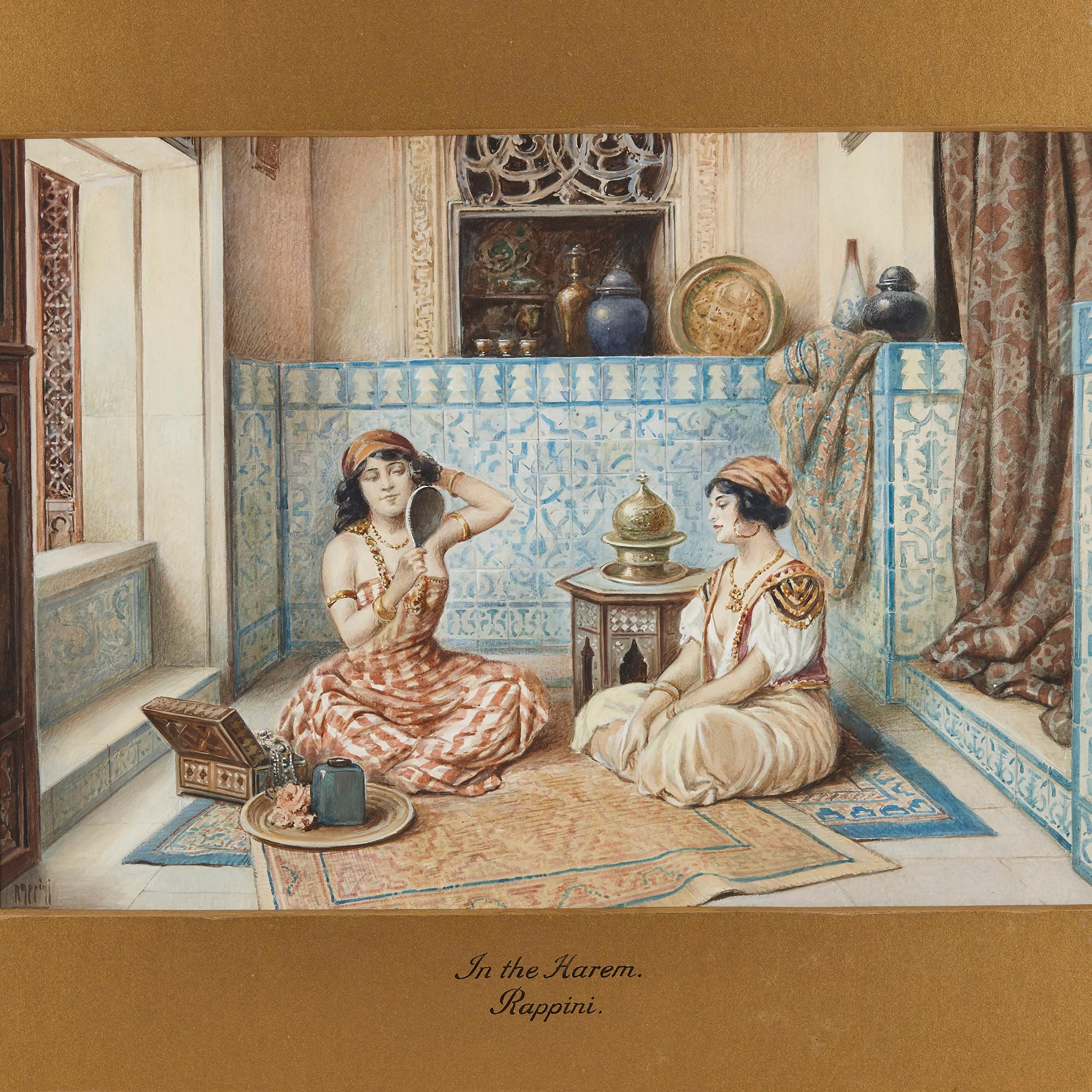 Pair of watercolours of harems by Vittorio Rappini For Sale 1