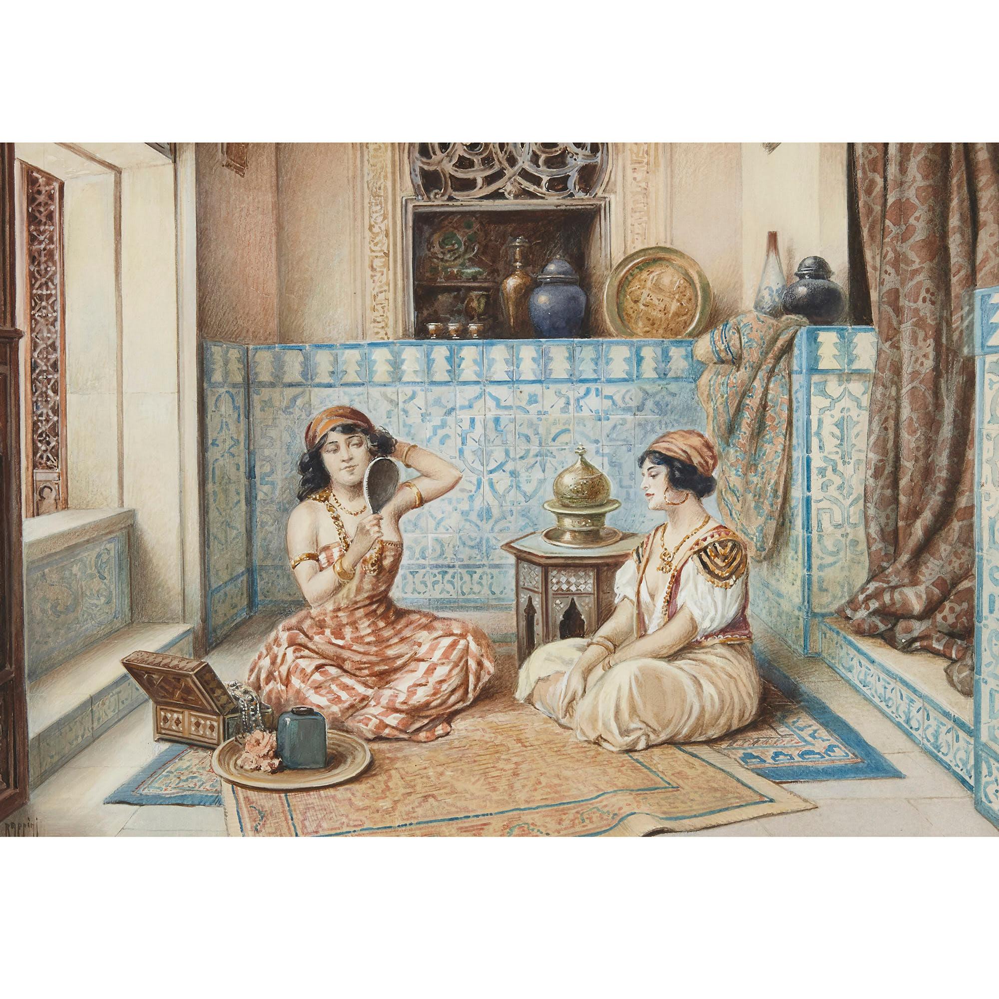 Pair of watercolours of harems by Vittorio Rappini For Sale 3