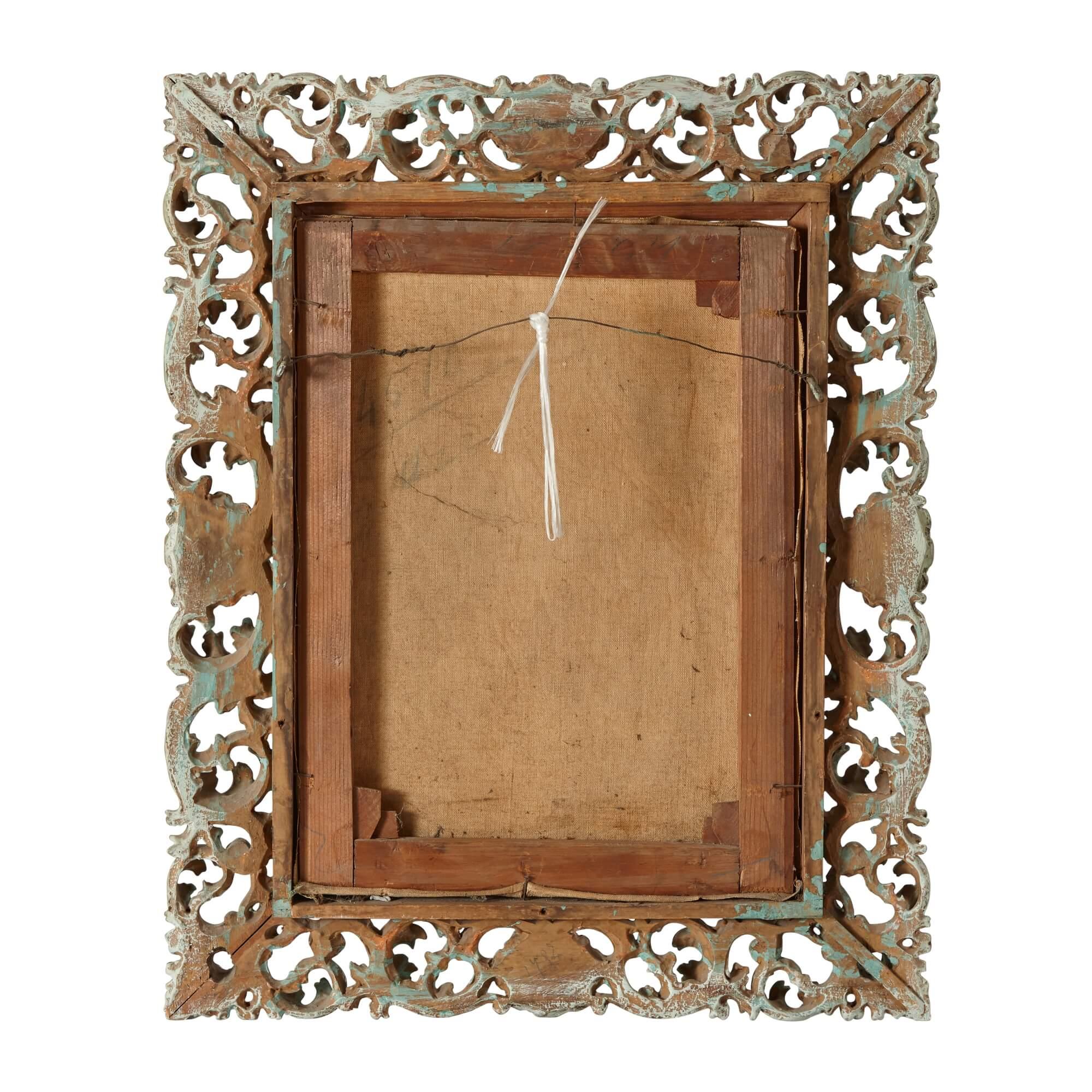 Quadro ad olio di una donna italiana con fiori in mano di Eduardo Forlenza
Italiano, inizio XX secolo
Dimensioni: Altezza telaio 64 cm, larghezza 51,5 cm; altezza tela 44 cm, larghezza 31,5 cm

Eduardo Forlenza (italiano, 1861-1934) è stato un