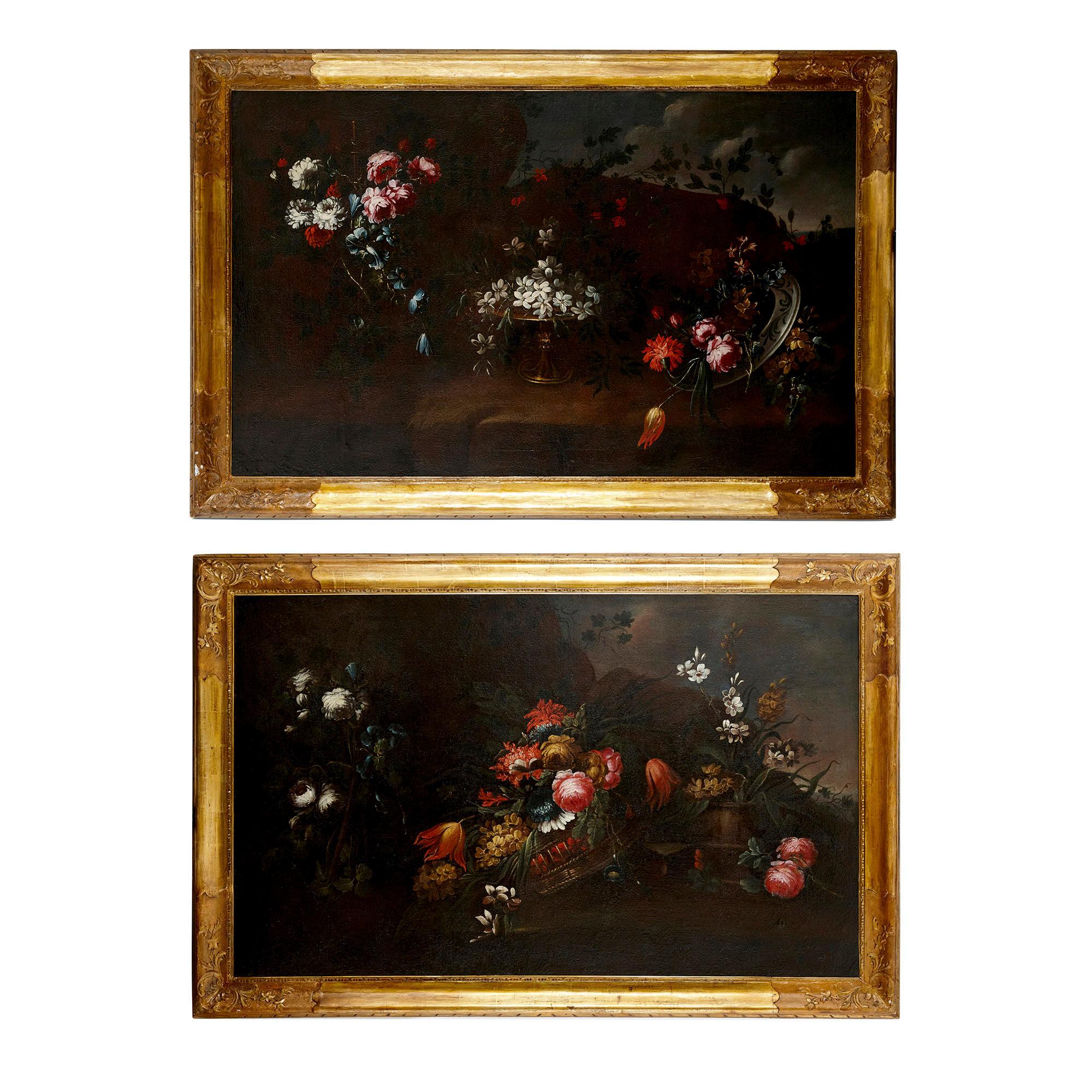 Giuseppe Vincenzino Landscape Painting - Pair of Antique 17th Century Floral Still Life Paintings, attr. Vincenzino