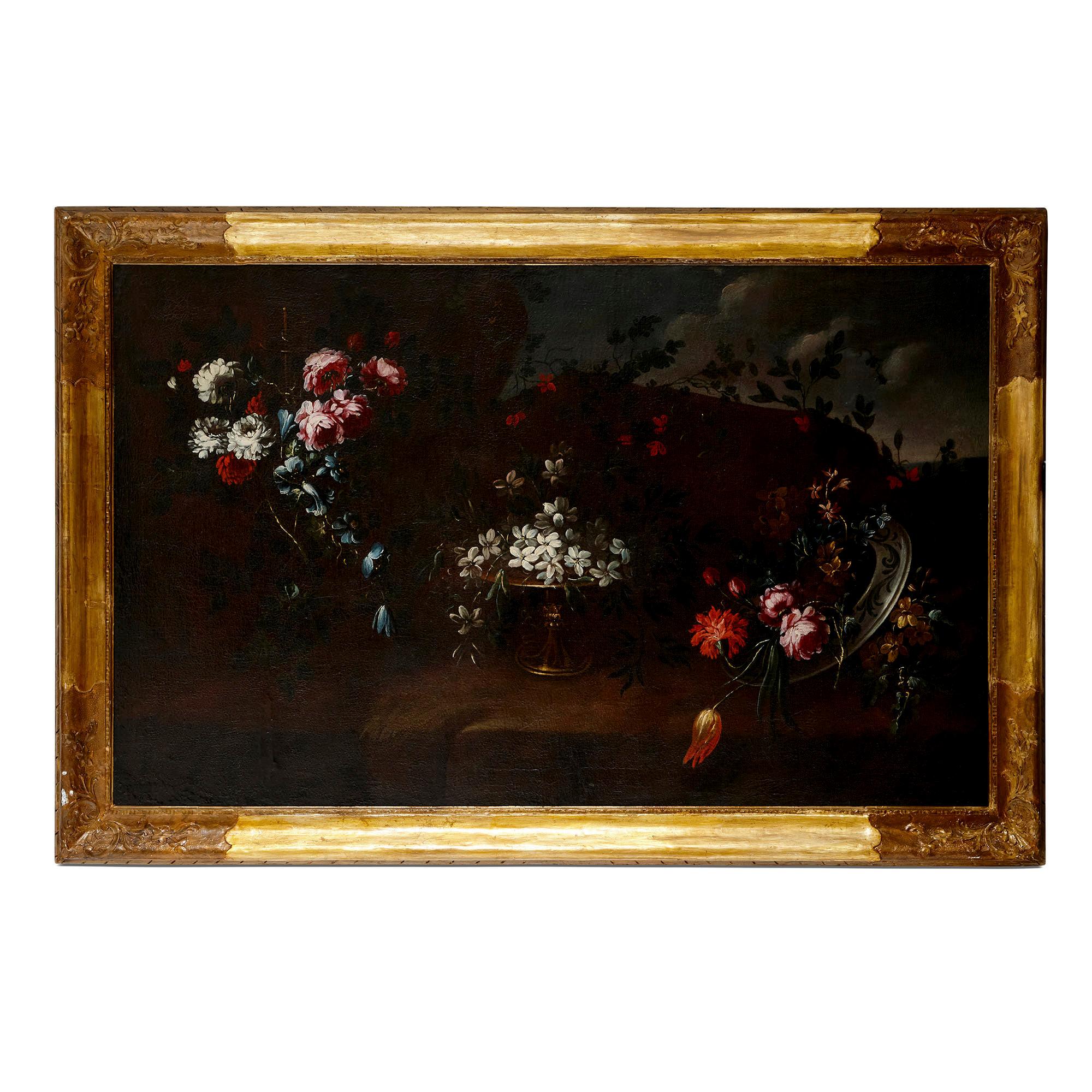 Pair of Antique 17th Century Floral Still Life Paintings, attr. Vincenzino - Black Landscape Painting by Giuseppe Vincenzino