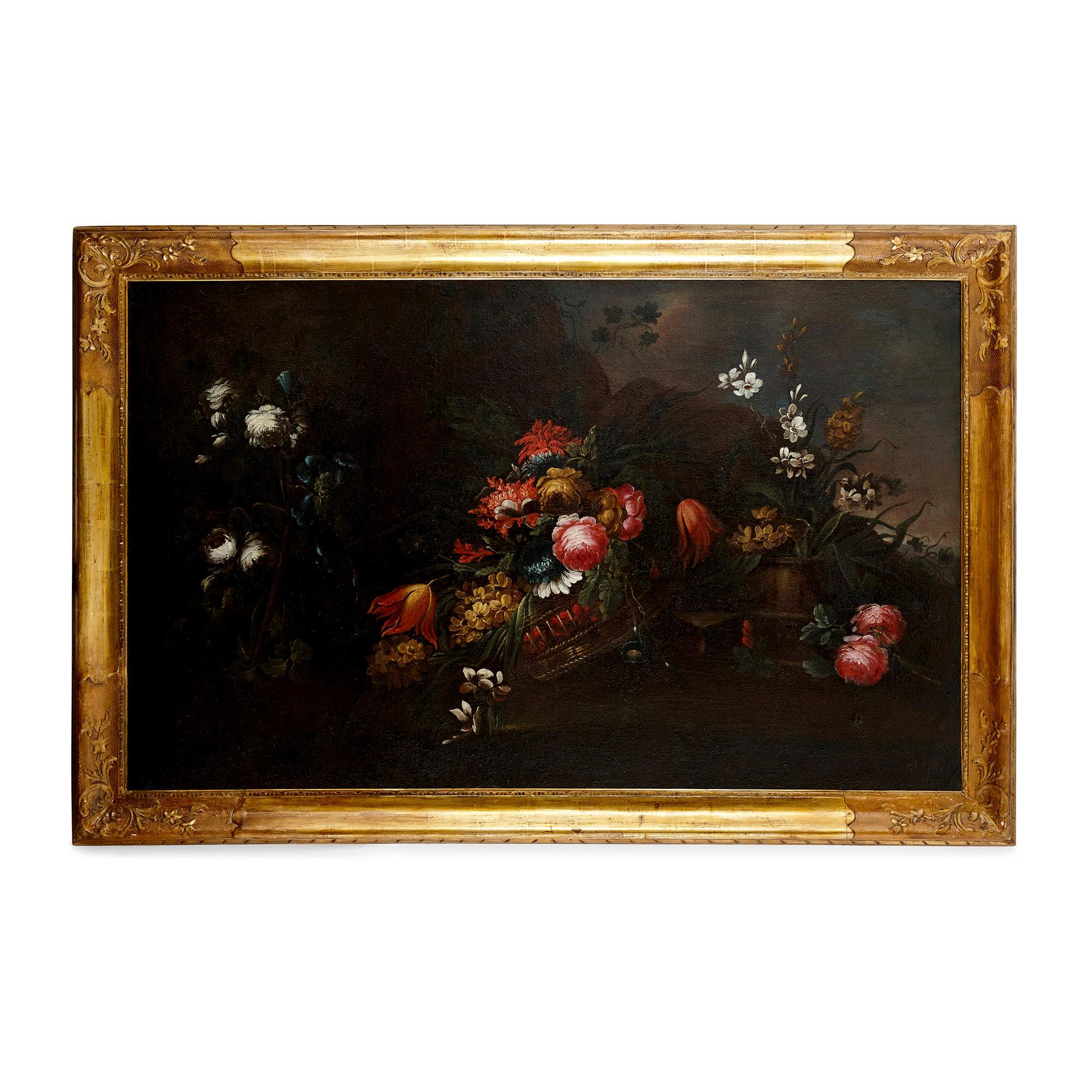 Pair of Antique 17th Century Floral Still Life Paintings, Attributed to Vincenzino
Italian, second half 17th Century
Dimensions: Frame height 111cm, width 170cm, depth 7cm; Canvas height 94cm, width 151.5cm

This beautiful pair of Italian still life