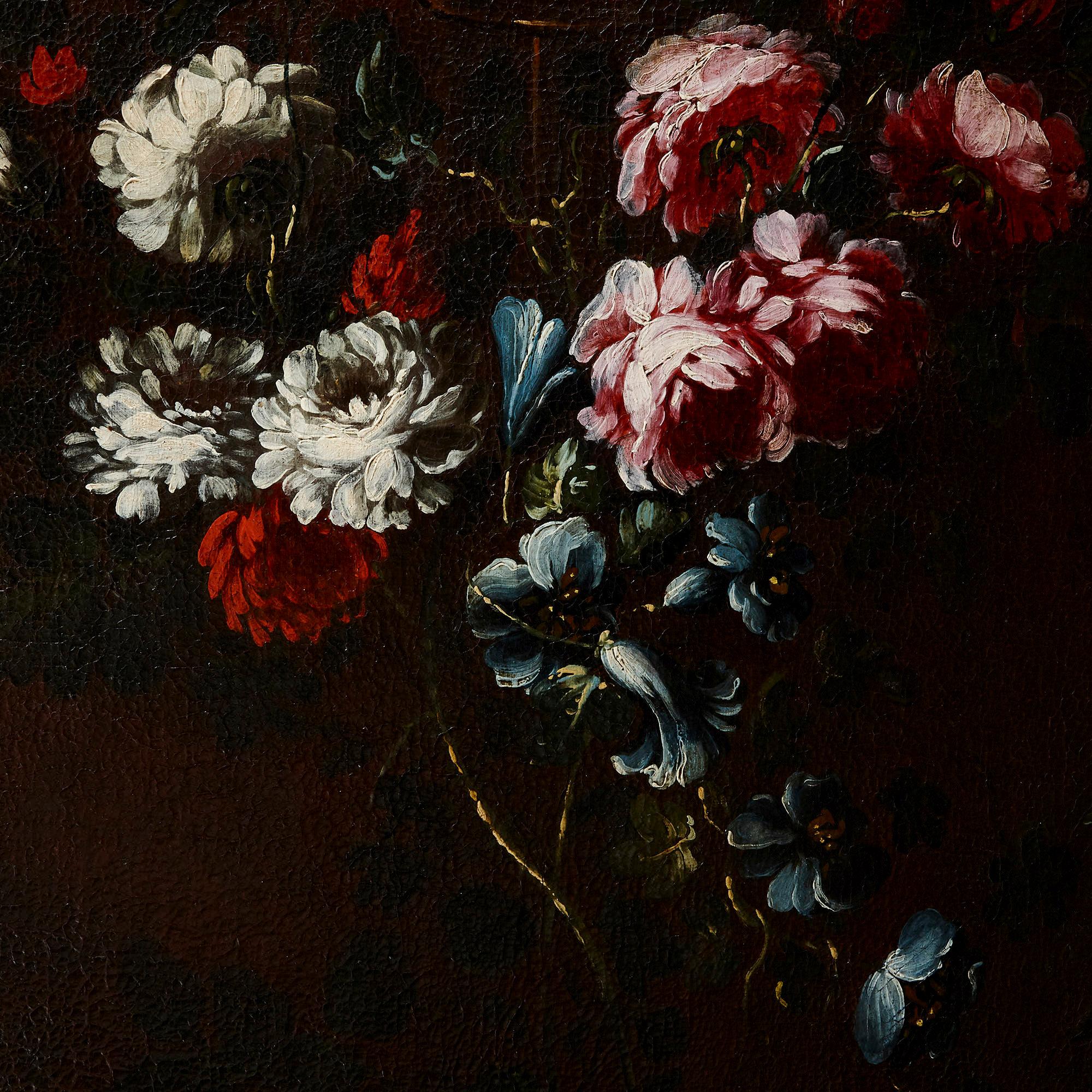 Pair of Antique 17th Century Floral Still Life Paintings, attr. Vincenzino For Sale 1