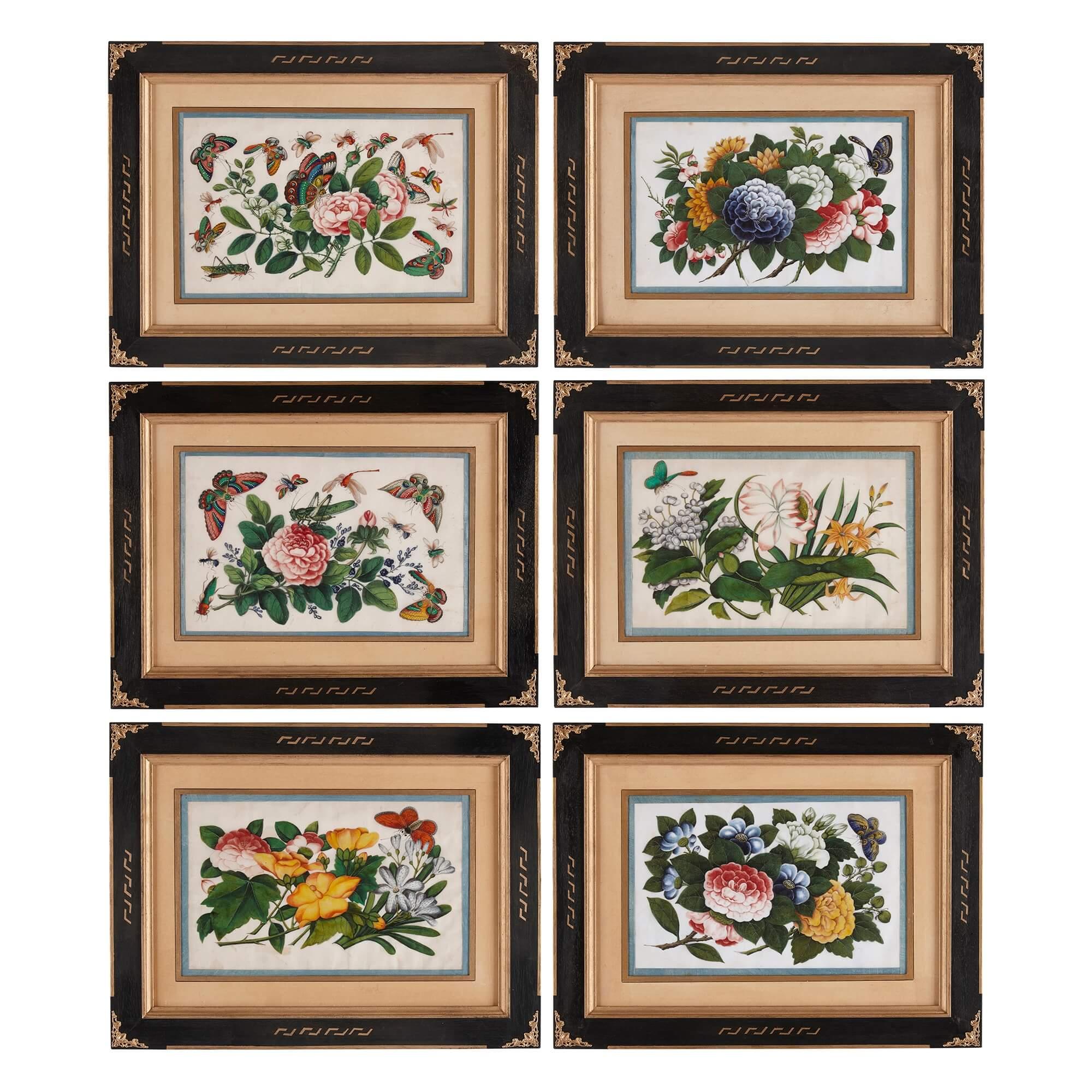 Unknown Animal Art – Set von sechs chinesischen Kissenpapiergemälden mit Schmetterlingen und Blumen