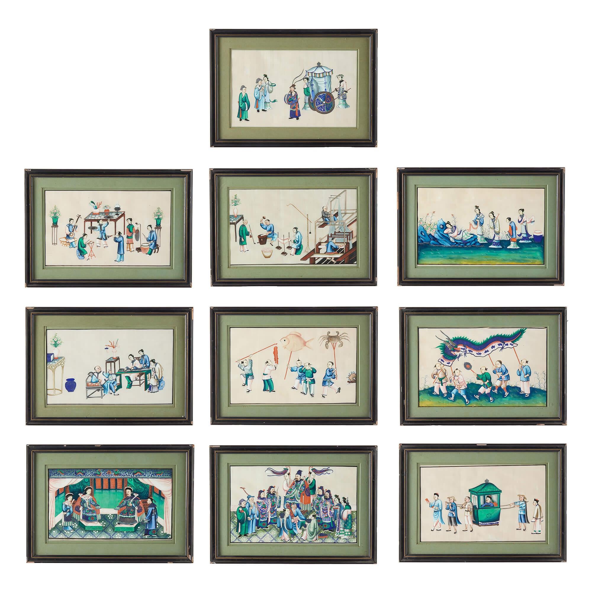 Ten Framed 19th Century Chinese Pith Paintings of Courtly Entertainment