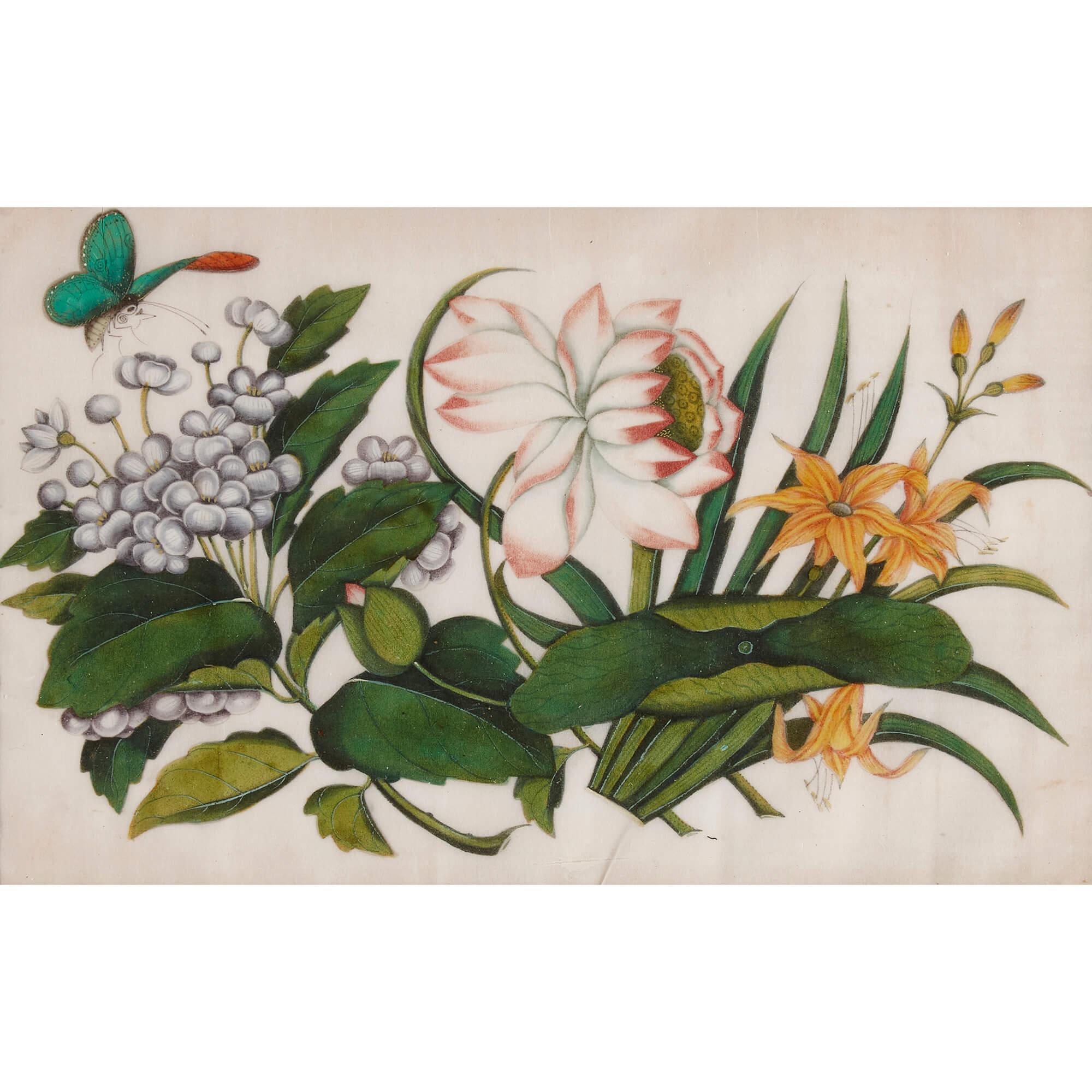 Ensemble de six peintures chinoises sur papier de papillons et de fleurs en vente 2