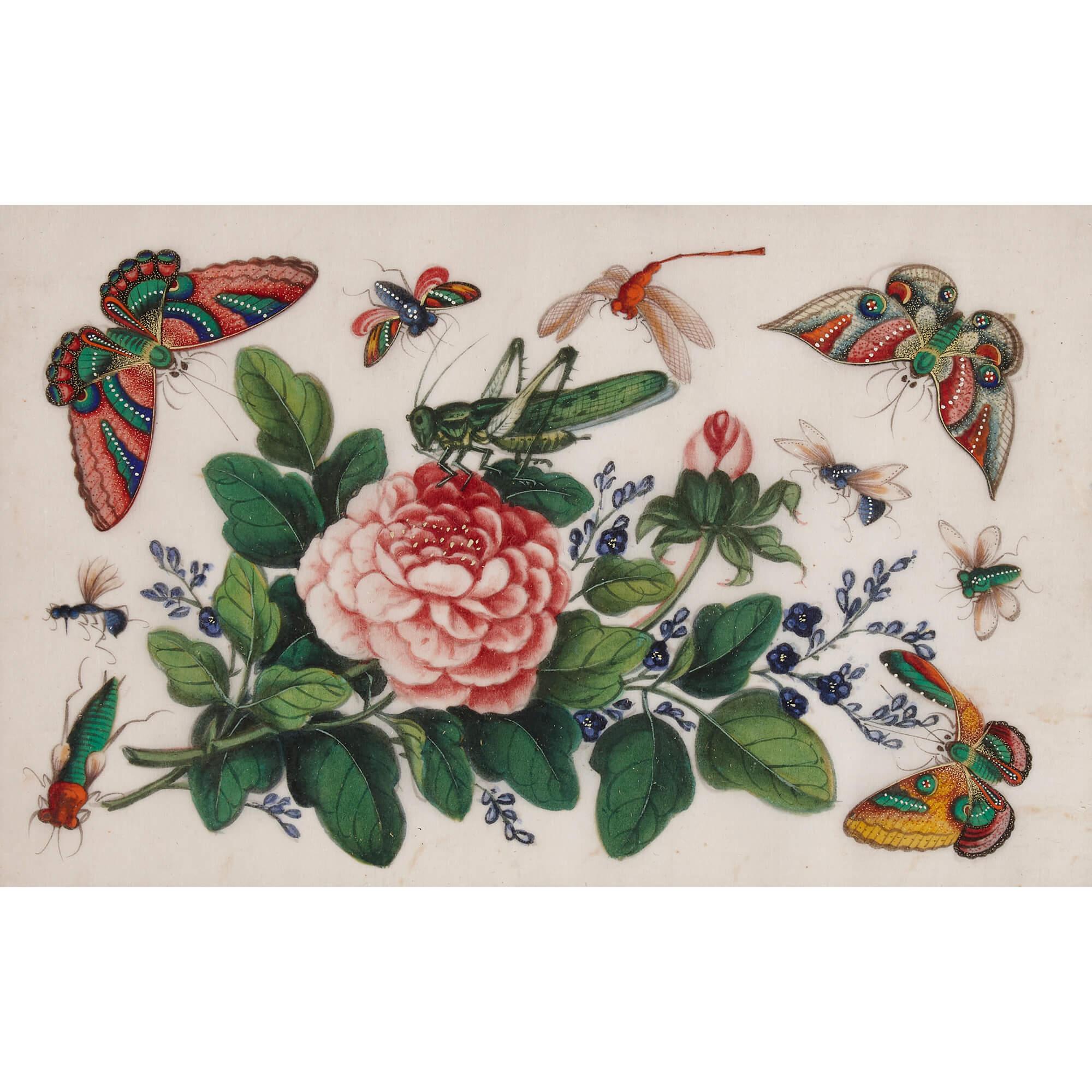 Ensemble de six peintures chinoises sur papier de papillons et de fleurs en vente 1
