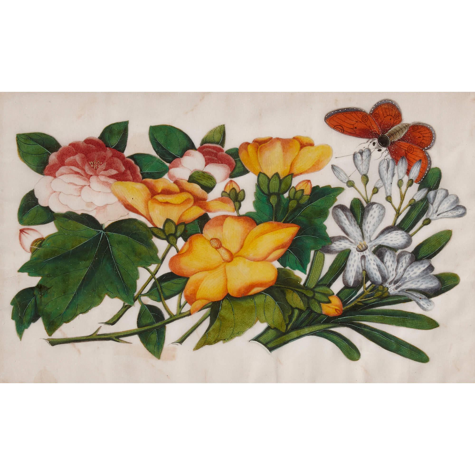 Ensemble de six peintures chinoises sur papier de papillons et de fleurs en vente 3