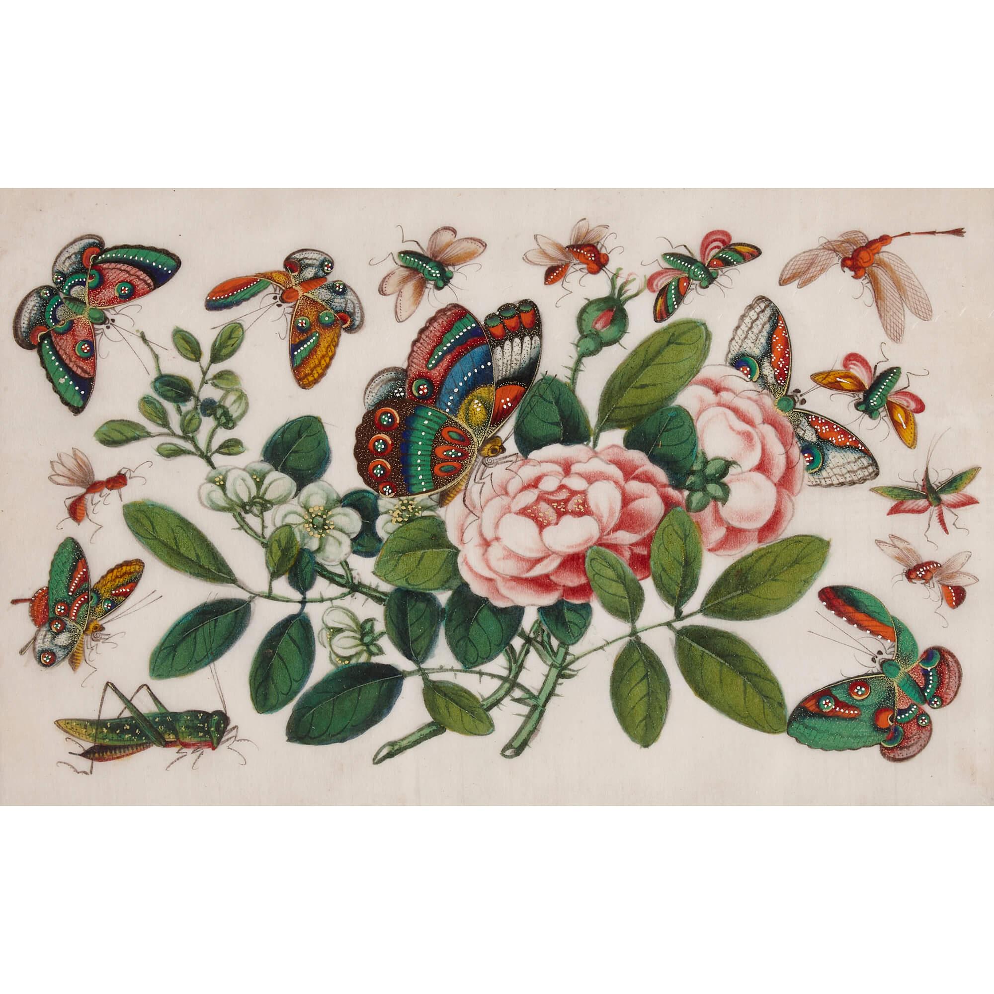 Set von sechs chinesischen Kissenpapiergemälden mit Schmetterlingen und Blumen – Art von Unknown