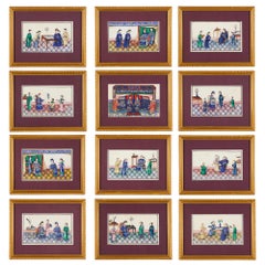 Set of Twelve Chinese Pith Paper Paintings of Court Scenes