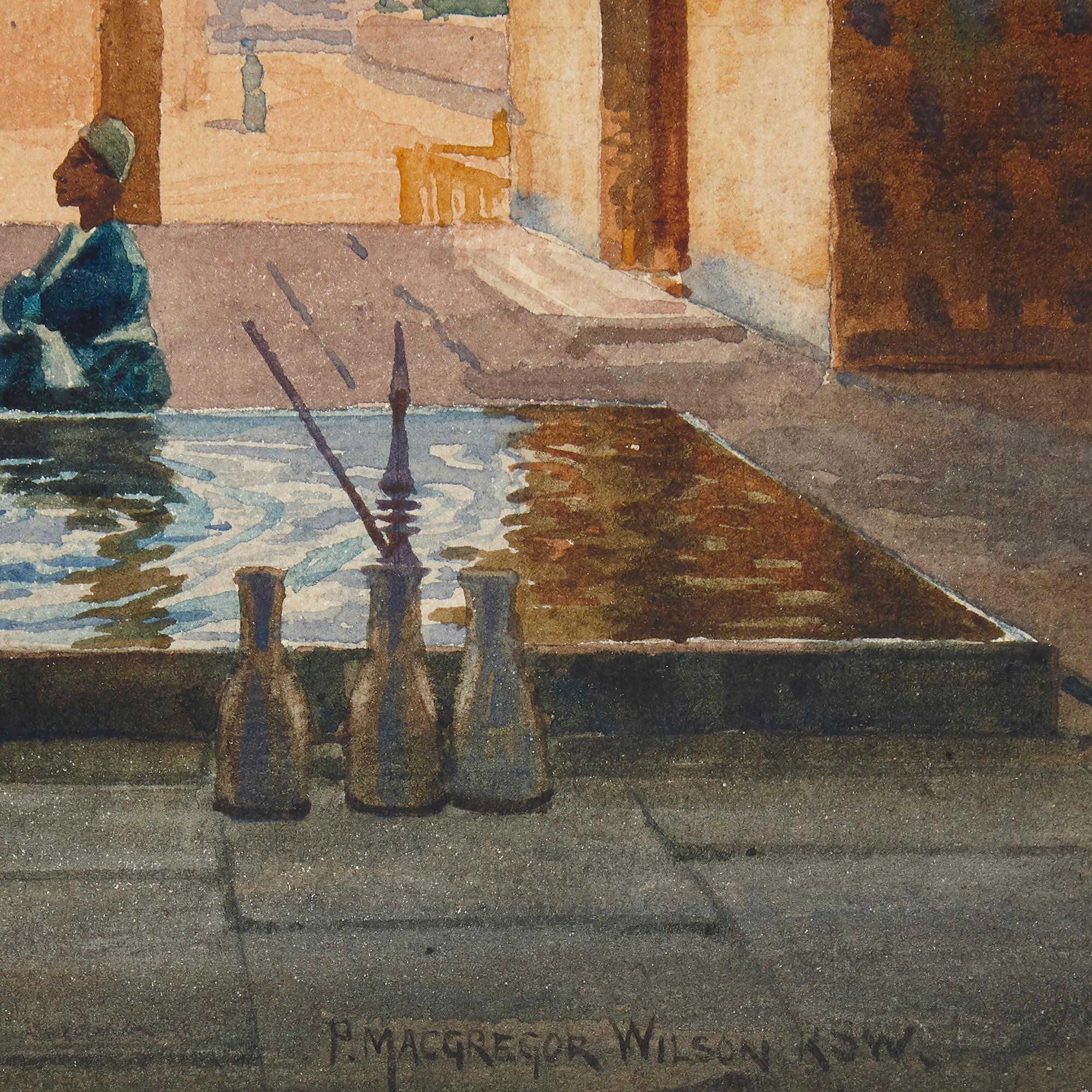 British Orientalist watercolour by Peter MacGregor Wilson
British, early 20th Century
Frame: Height 40cm, width 45cm, depth 2cm
Sheet: Height 22cm, width 28cm

This quite beautiful watercolour is by the Scottish artist Peter MacGregor Wilson, who