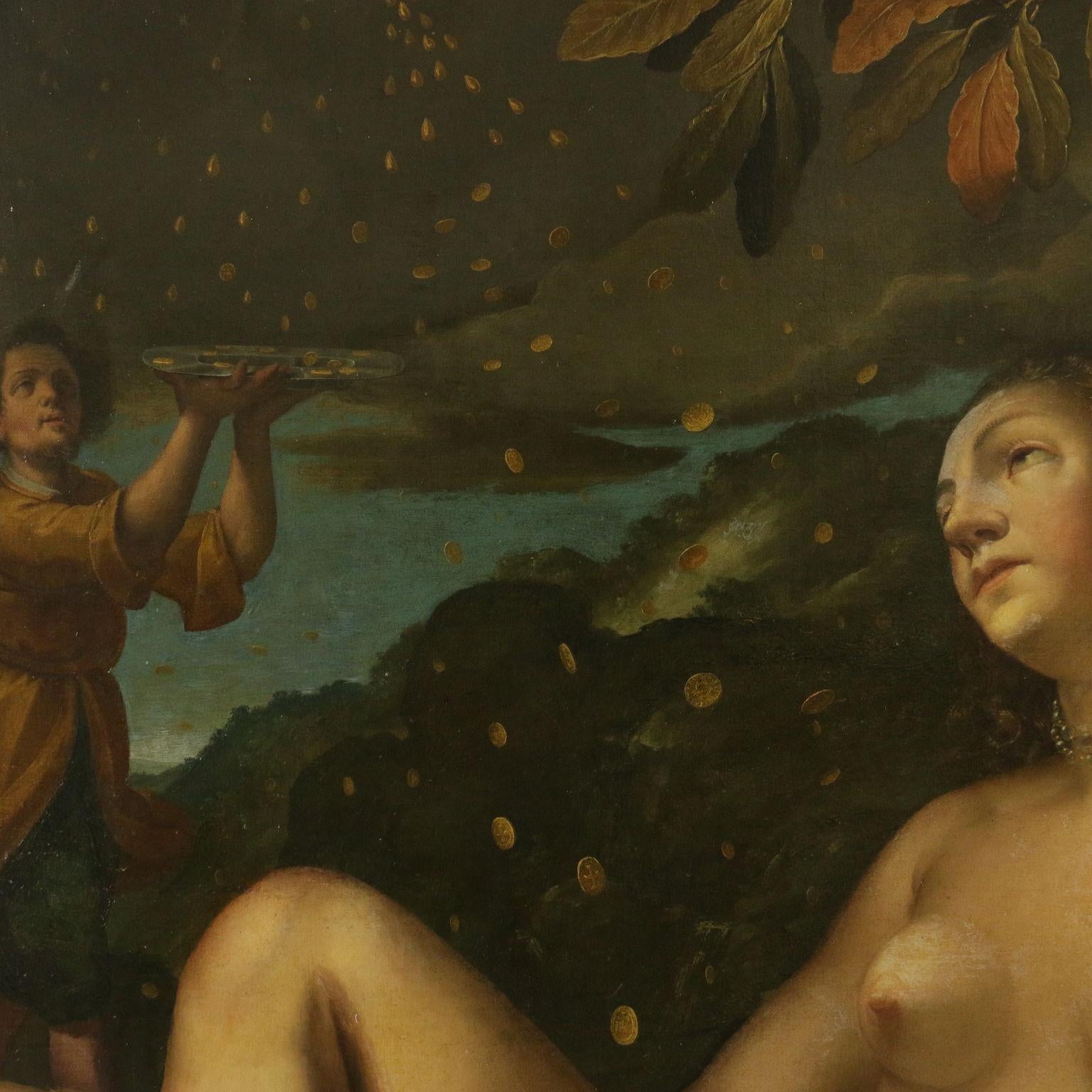 Mythological Scene Danae and the Shower of Gold 17th Century - Brown Portrait Painting by Giovanni Battista Recchi