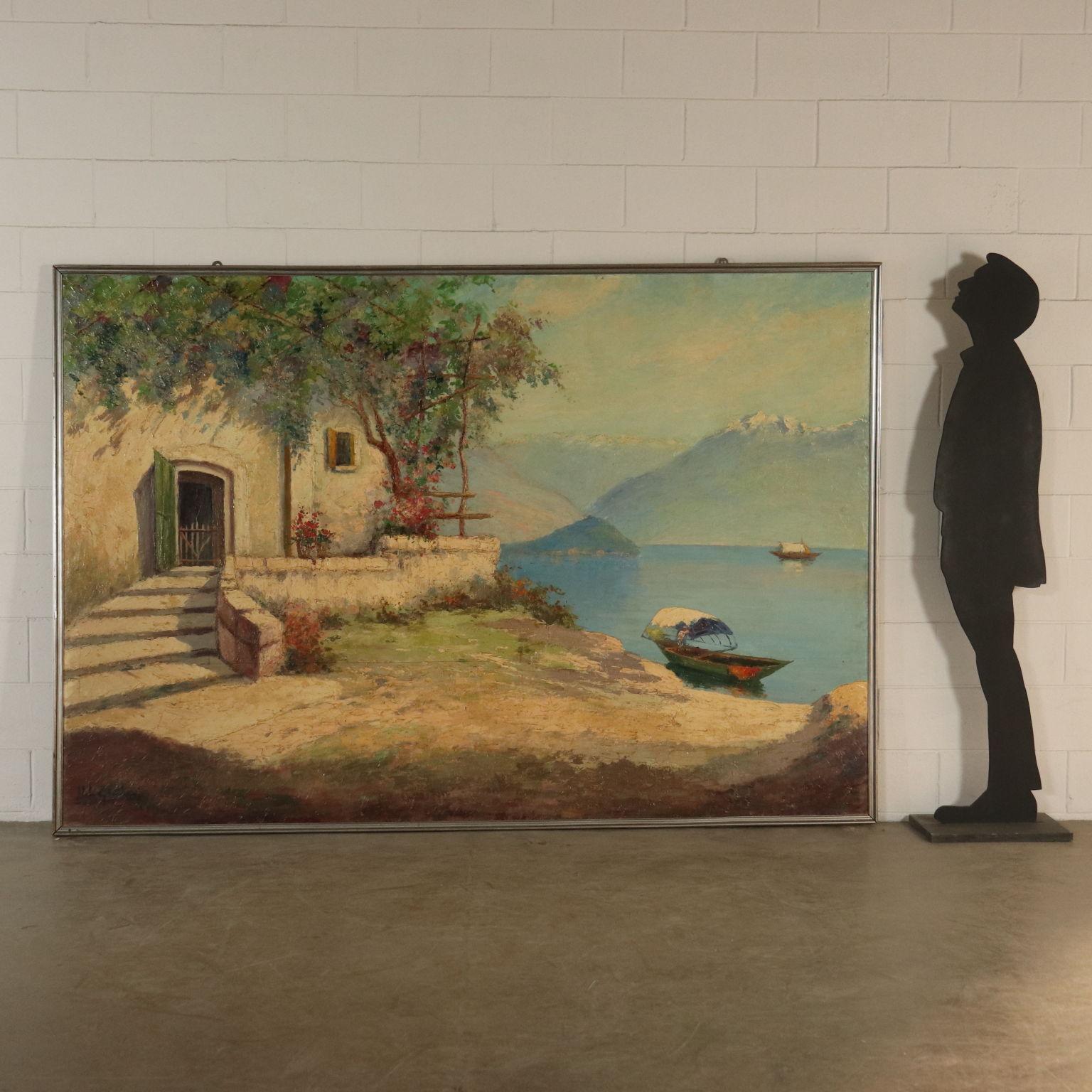 Oil on plywood. Signed at the bottom left. Large dimensions, the painting depicts a glimpse of Lake Como from a location situated between Lierna and Varenna. A building with flowers is depicted on the left part of the painting. To the right, you can