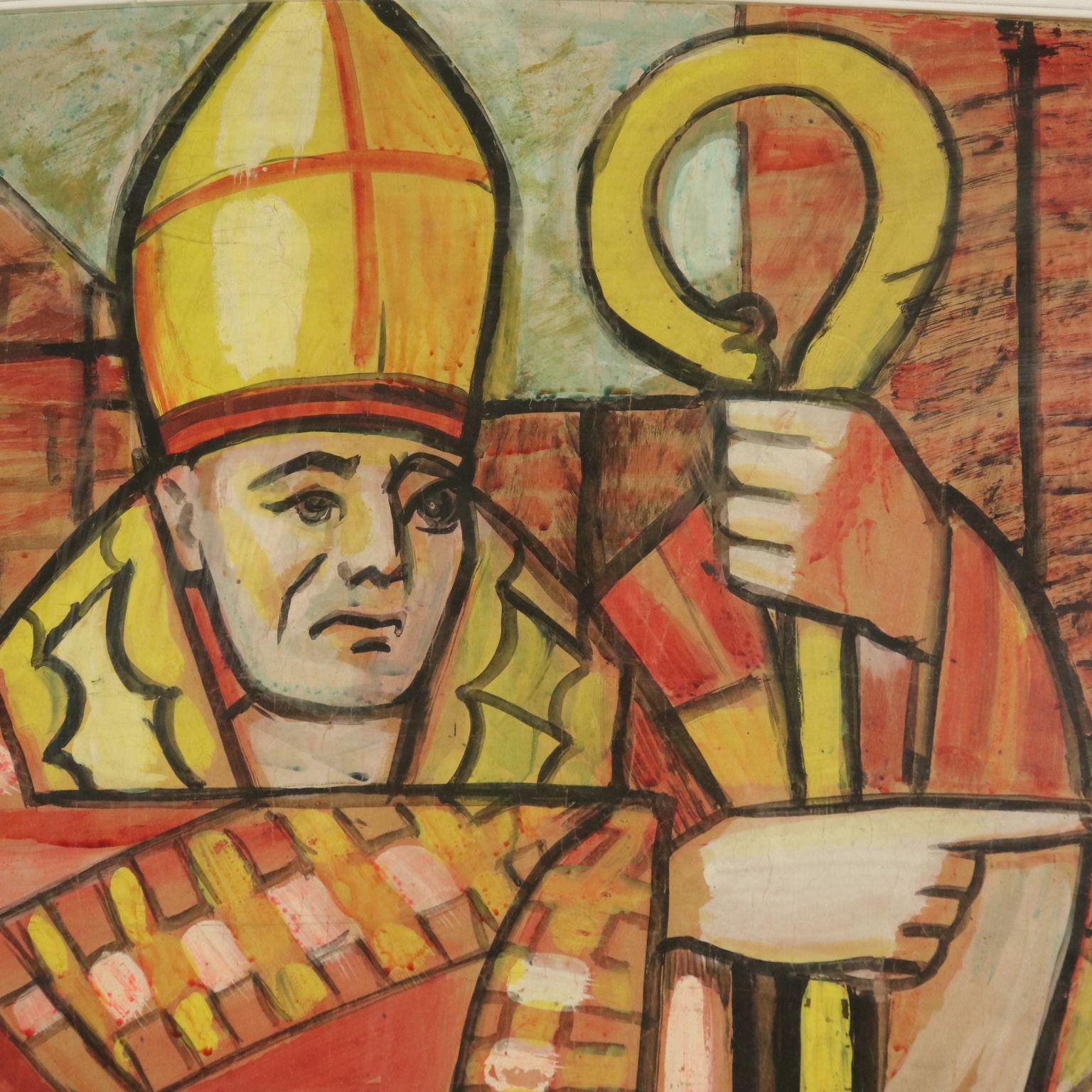 Original oil painting on cardboard for the preparation of the stained glass window of the church of Viggiù (Varese), for which the master Aligi Sassu made many works. This painting comes with expertise on picture signed by Alessandro Grassi, master