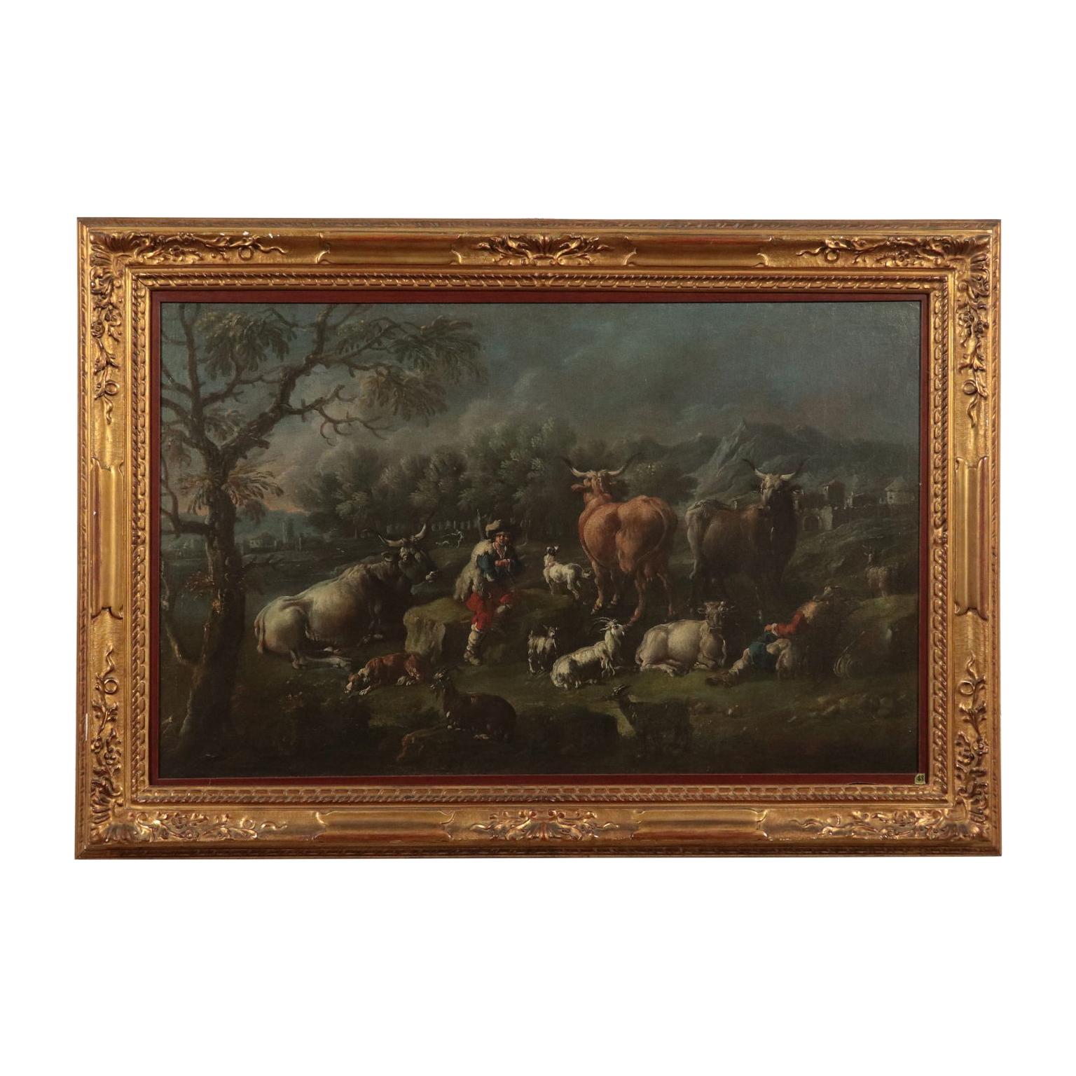 Domenico Brandi  Landscape Painting - Landscape with herds and shepherds