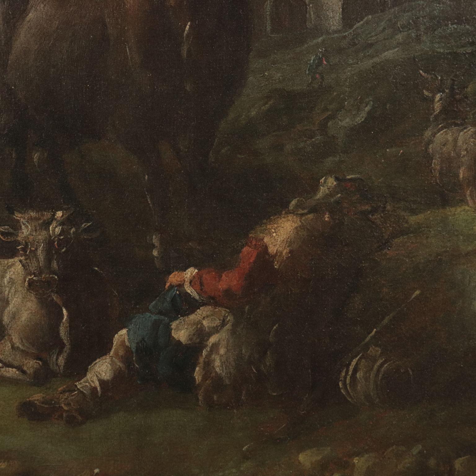 Oil on canvas. In the verdant landscape the are some shepherds at the bivouac surrounded by the flock of goats and cows. The painting belonges to Domenico Brandi, neapolitan paiter knows for his animals paintings.
The painting that had been restored
