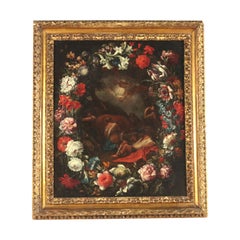 Antique Flowers Garland With Annunciation To The Shepherds,  Oil On Canvas Second Quarte