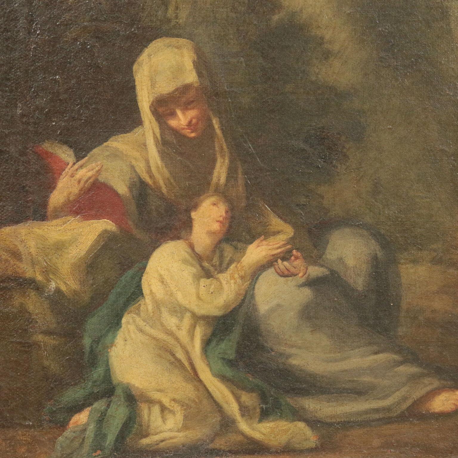 Oil on canvas. Attribution to Ferdinando Porta on the back.
The scene depicts the moment of rest of the Sacred Family, during the flight into Egypt: on the left, sitting on the ground, are Mary reading and Jesus, already a boy, but still childishly