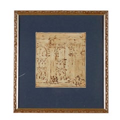 Encrier paillettes vnitien sur papier Italie XVIIIe sicle, Architectural Capriccio
