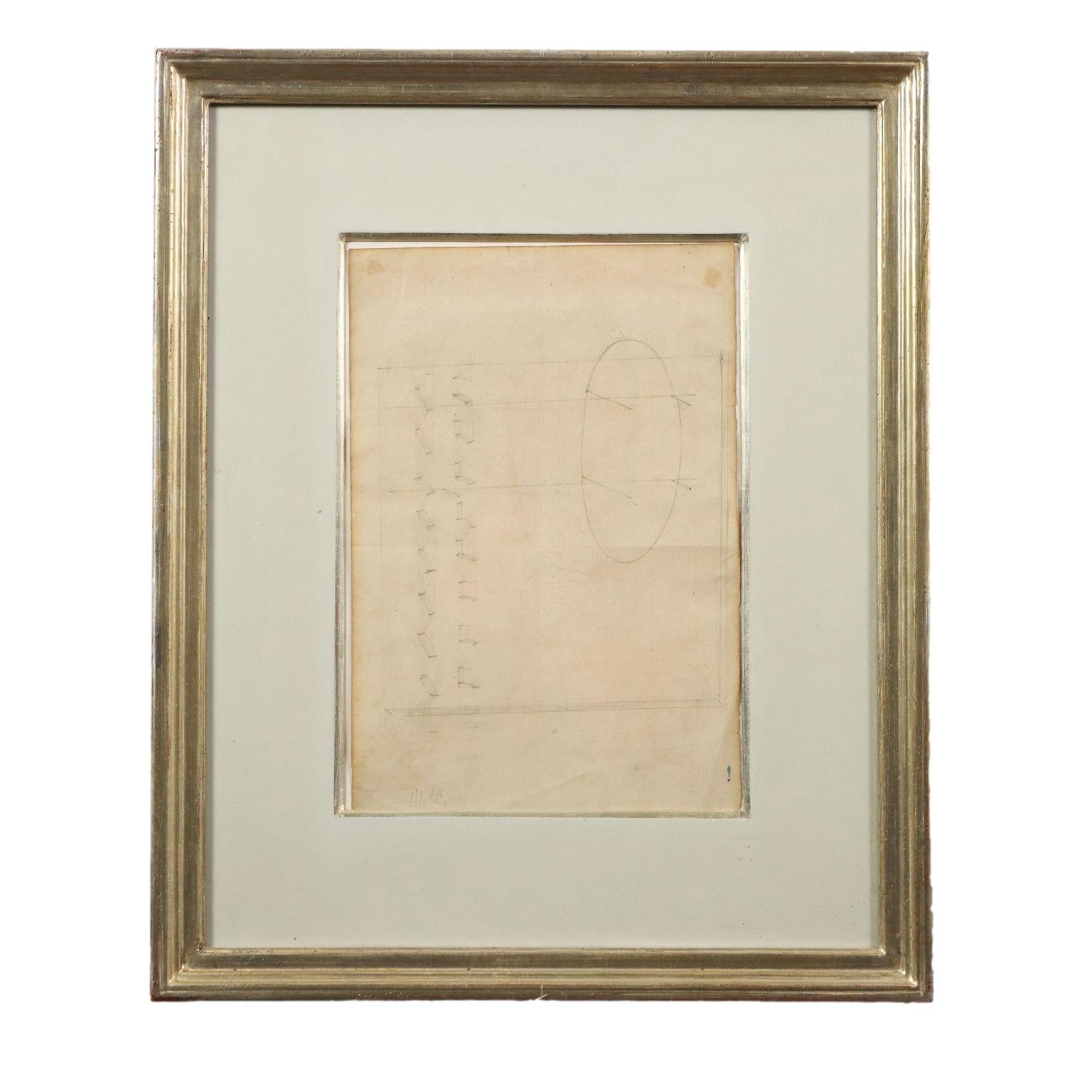 Crayon sur papier filigrané. Signé en bas à gauche. Le dessin est accompagné d'une authentification sur photo de l'archive Fausto Melotti, avec le code DIS 36 015, indiquant les données de l'œuvre. Fausto Melotti était un artiste aux multiples