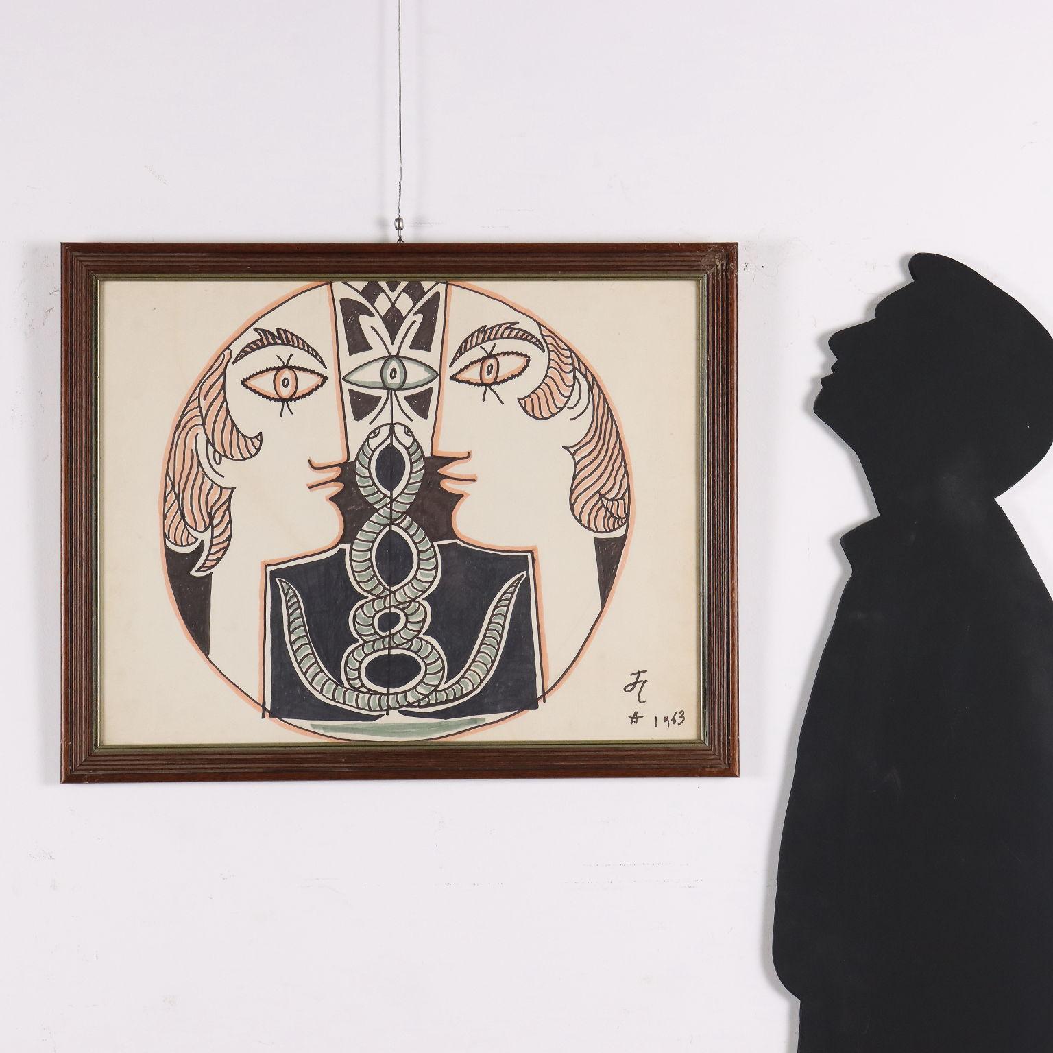 Zeichnung von Jean Cocteau Vis à Vis 1963 1
