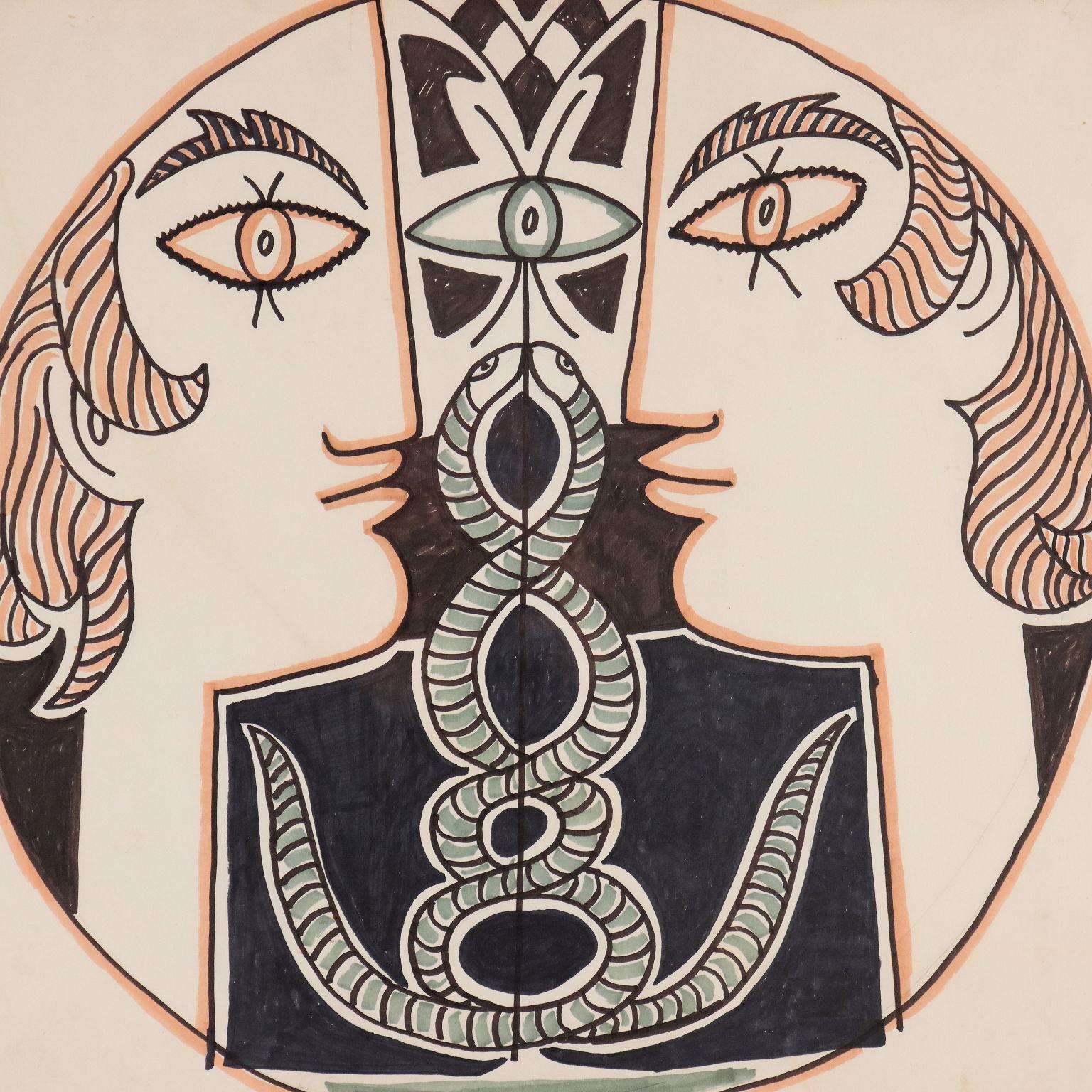 Zeichnung von Jean Cocteau Vis à Vis 1963 2