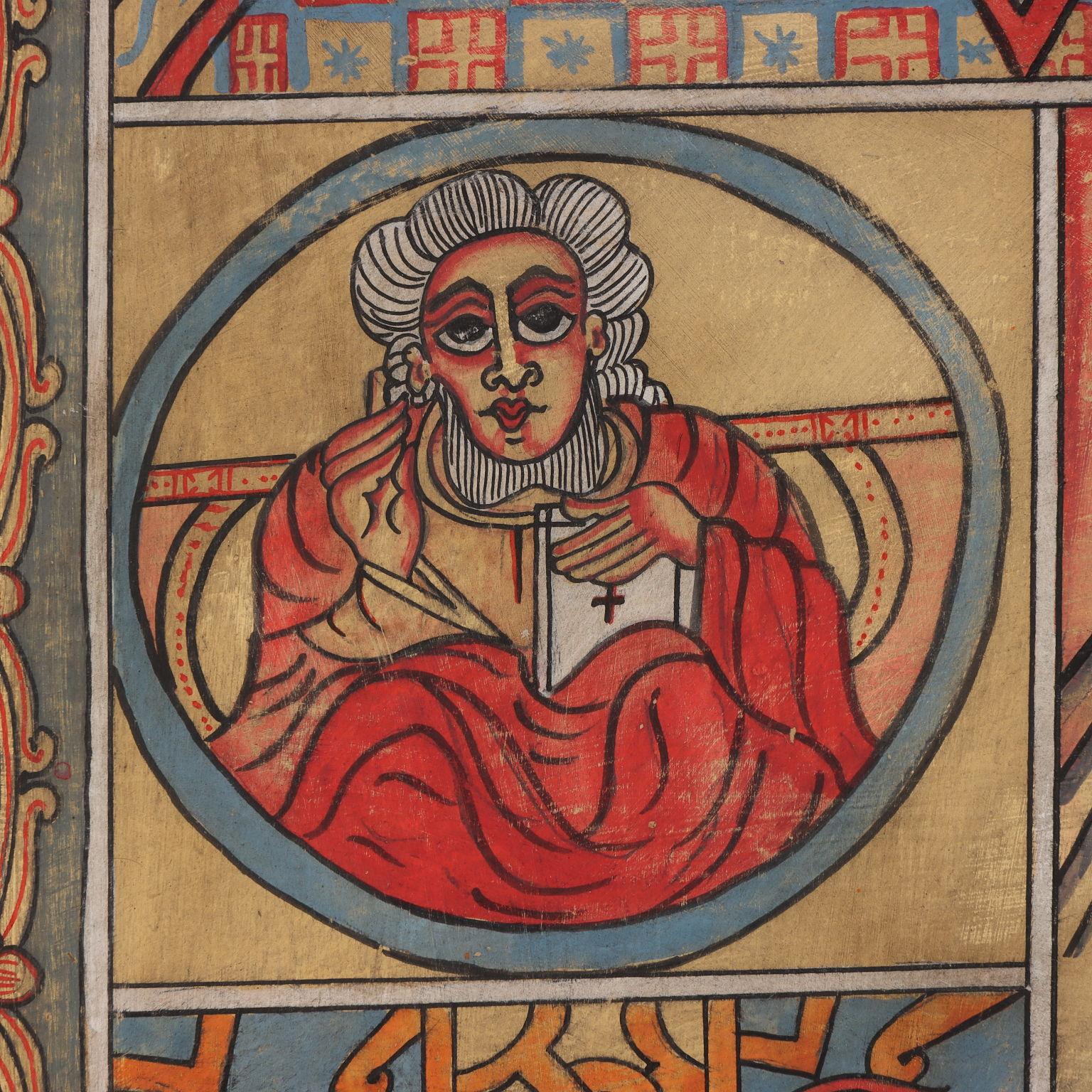 Framed wooden icon with a depiction of a winged devil in chains in the center. This could be Lucifer, the rebel angel who fell from Heaven and became the prince of all demons and was later defeated by Archangel Michael and the other angels (an