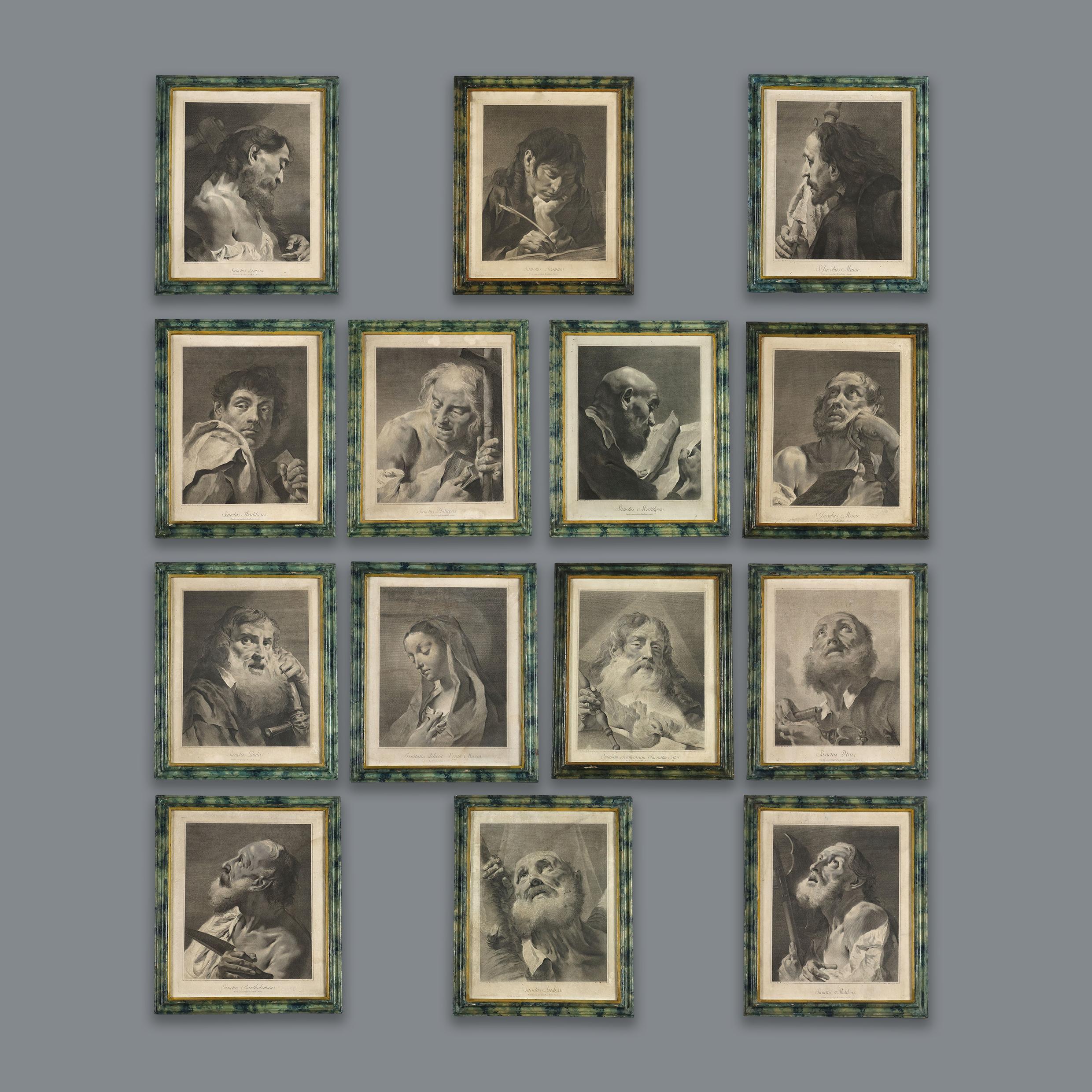 Gruppo di quattordici acqueforti. In basso i nomi dell
 incisore e del pittore.
La serie, derivata da disegni di Giovanni Battista Piazzetta , comprendeva quindici stampe, ed era titolata I Dodici Apostoli 
Agli undici apostoli (escluso il traditore