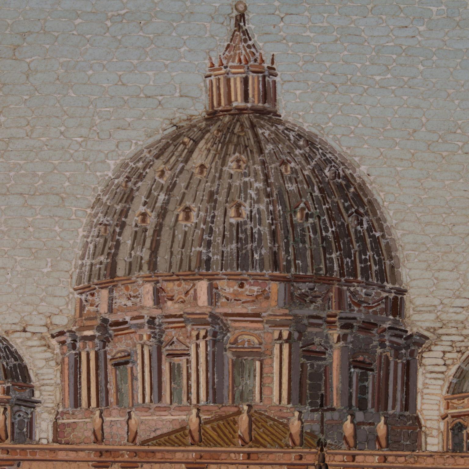 Work of the reverend Factory of San Pietro, factory of pieces that would become papal gifts, last quarter of 19th century.
Rectangular painting made as tiny mosaic in a iron box representing the Basilica di San Pietro ( Saint Peter’s Chatedral) and