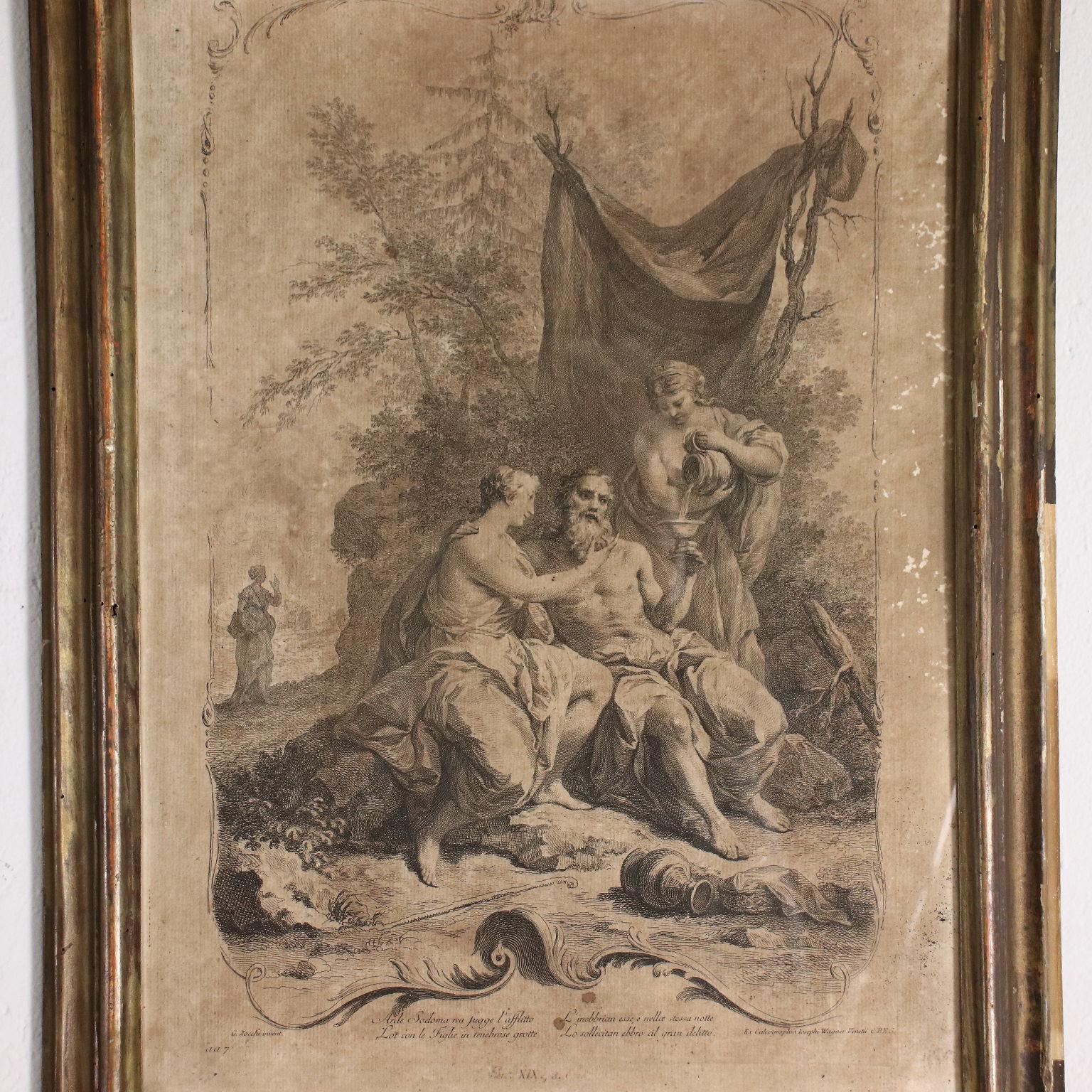 Paper engravings. Five are from drawings by Giuseppe Zocchi (1711-1767) and the other five are from drawings by Jacopo Amigoni (1682-1752). They all depict episodes from the Old Testament, with different characters and episodes. Of Zocchi there are