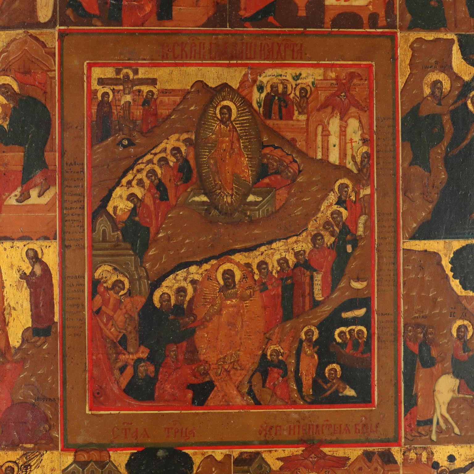 Tempera on wood. The twelve accompanying scenes retrace Gospel episodes, which start from the birth of Mary and then recount moments in the life of Jesus, which culminate in the center with the death, resurrection and Ascension of Christ. The board