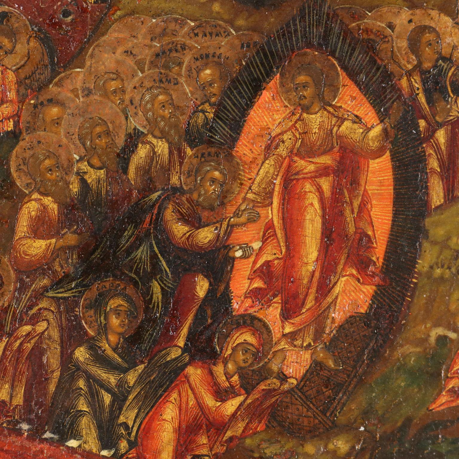 Tempera on wood. The icon traces the festivities of the Orthodox liturgical calendar, with the sixteen accompanying scenes which, starting from the birth of the Virgin Mary, recount evangelical episodes from the life of Jesus, culminating in his