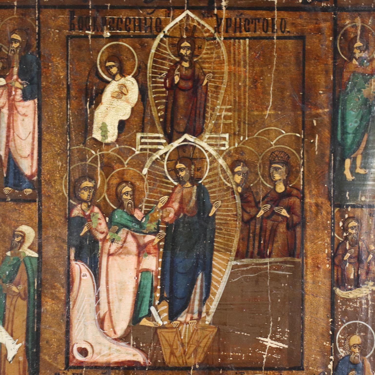 Tempera on wood. In the twelve panels that surround the central scene, which depicts the Resurrection and the Ascension of Christ, episodes from the life of Mary and Jesus are depicted. The scenes are accompanied by writing in Cyrillic. The table