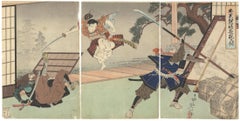 Antique Original Japanese Woodblock Print, Yoshitsune, Warrior, Katana, Samurai, Ukiyo-e