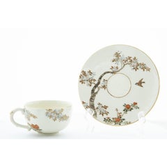 Antique Japanese Cup and Saucer, Satsuma Ceramics by Yabu Meizan, Cherry Blossoms