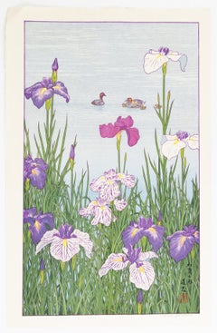 Toshi Yoshida, Original Woodblock Print, Irises, Ducks, Nature, Shing-hanga