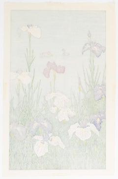 Toshi Yoshida, Original Woodblock Print, Irises, Ducks, Nature, Shing-hanga